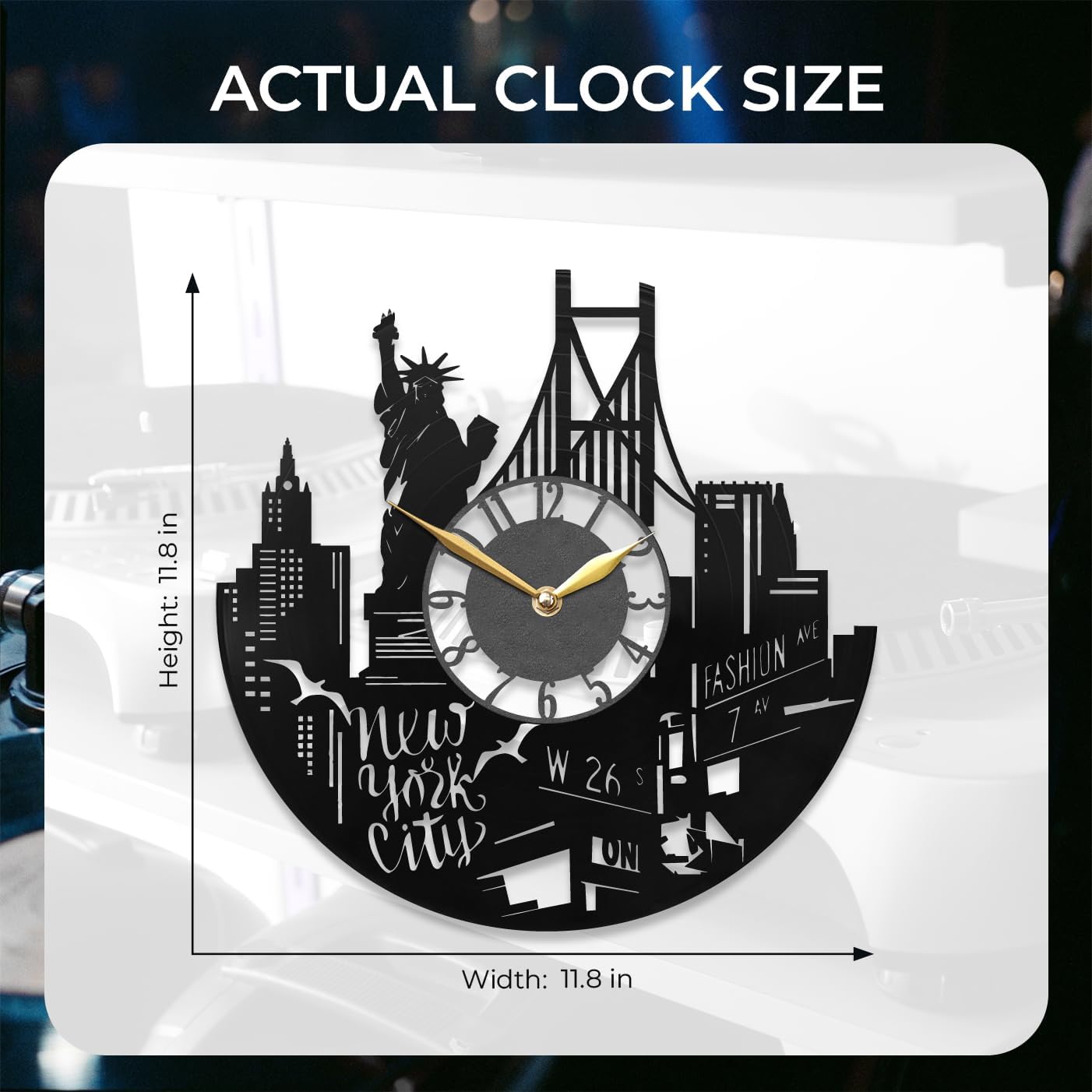New York City Wall Clock – Statue of Liberty & Skyline Decor, NYC Gift for City Lovers or Travelers, Black (12" Vinyl Record (Without Backlight))