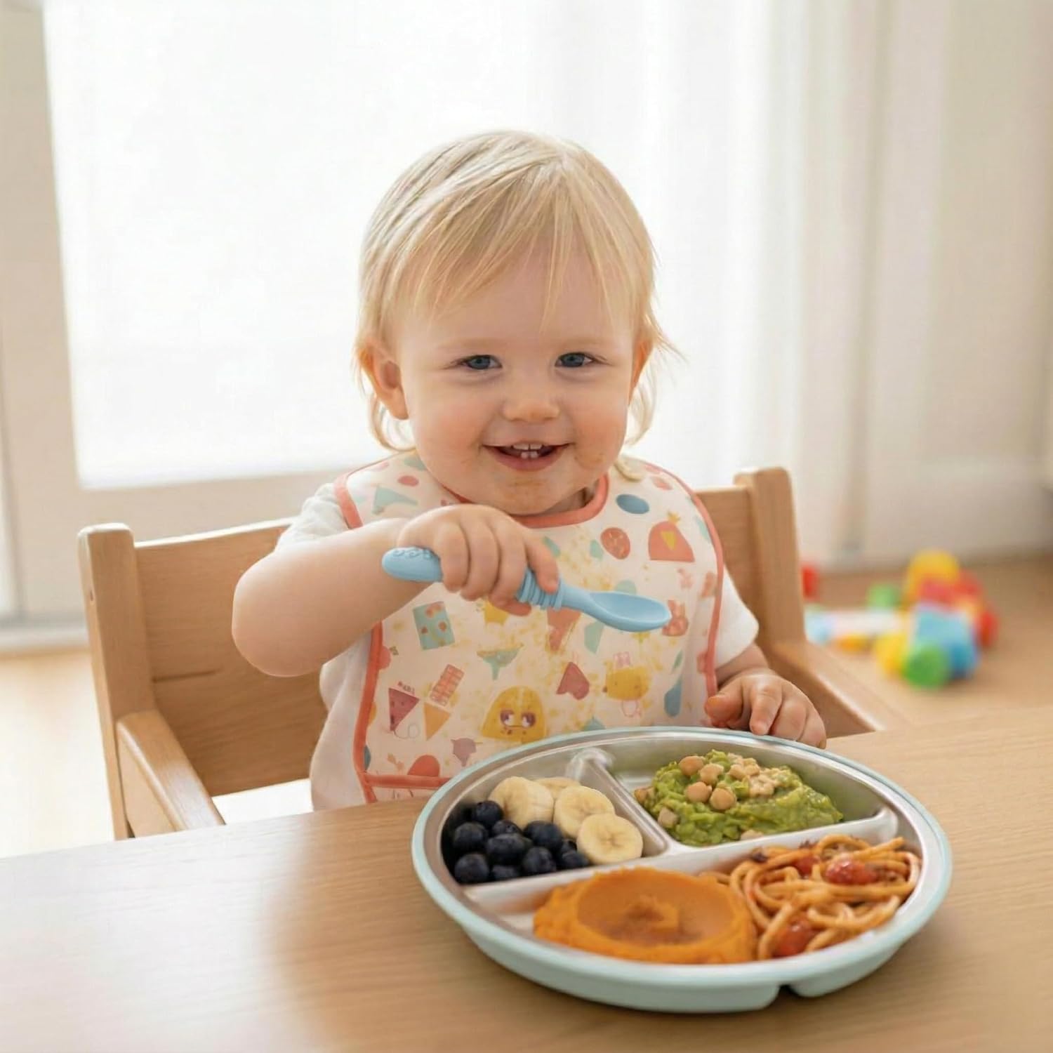 PandaEar 2 Pack Stainless Steel Baby Suction Plates & 2 Pack Spoons, Toddler Utensils Baby Feeding Set, Divided Plates for Baby Led Weaning Supplies, BPA-Free (Pink/Blue)