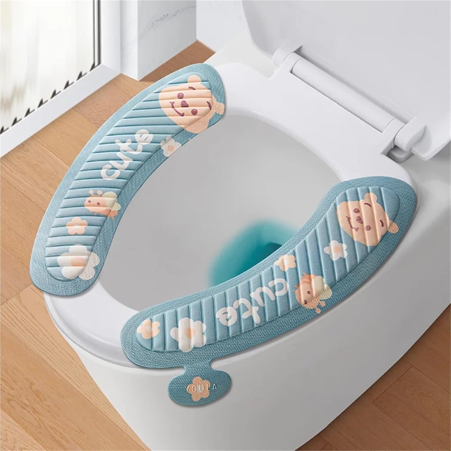 Universal Waterpoof Toilet Seat Cover Cartoon Soft Closestool Mat Washable Cute Sticky Pad Bathroom(White-1)