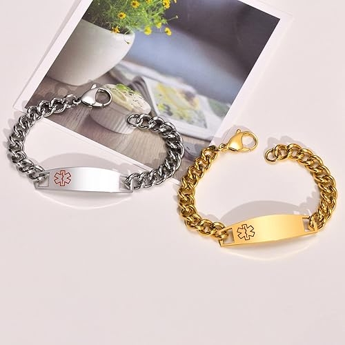 Miniatura 54 de VNOX Pulsera de identificación de alerta médica, pulsera de emergencia de acero inoxidable para hombre y mujer, 7.2/8/8.4 pulgadas *personaliza tu