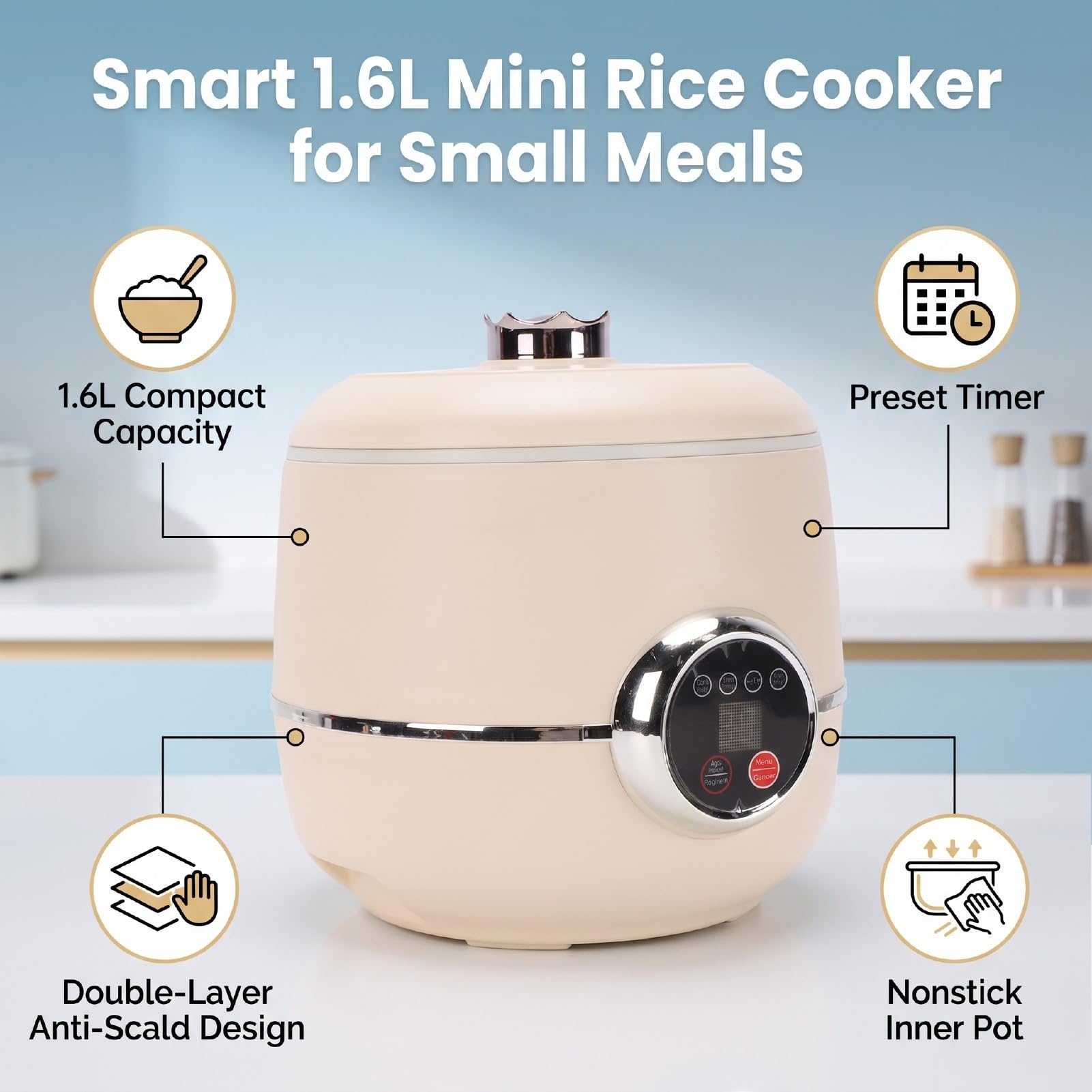 SUNGOOYUE Mini Cuociriso Elettrico da 1,6 Litri con Timer Antiaderente