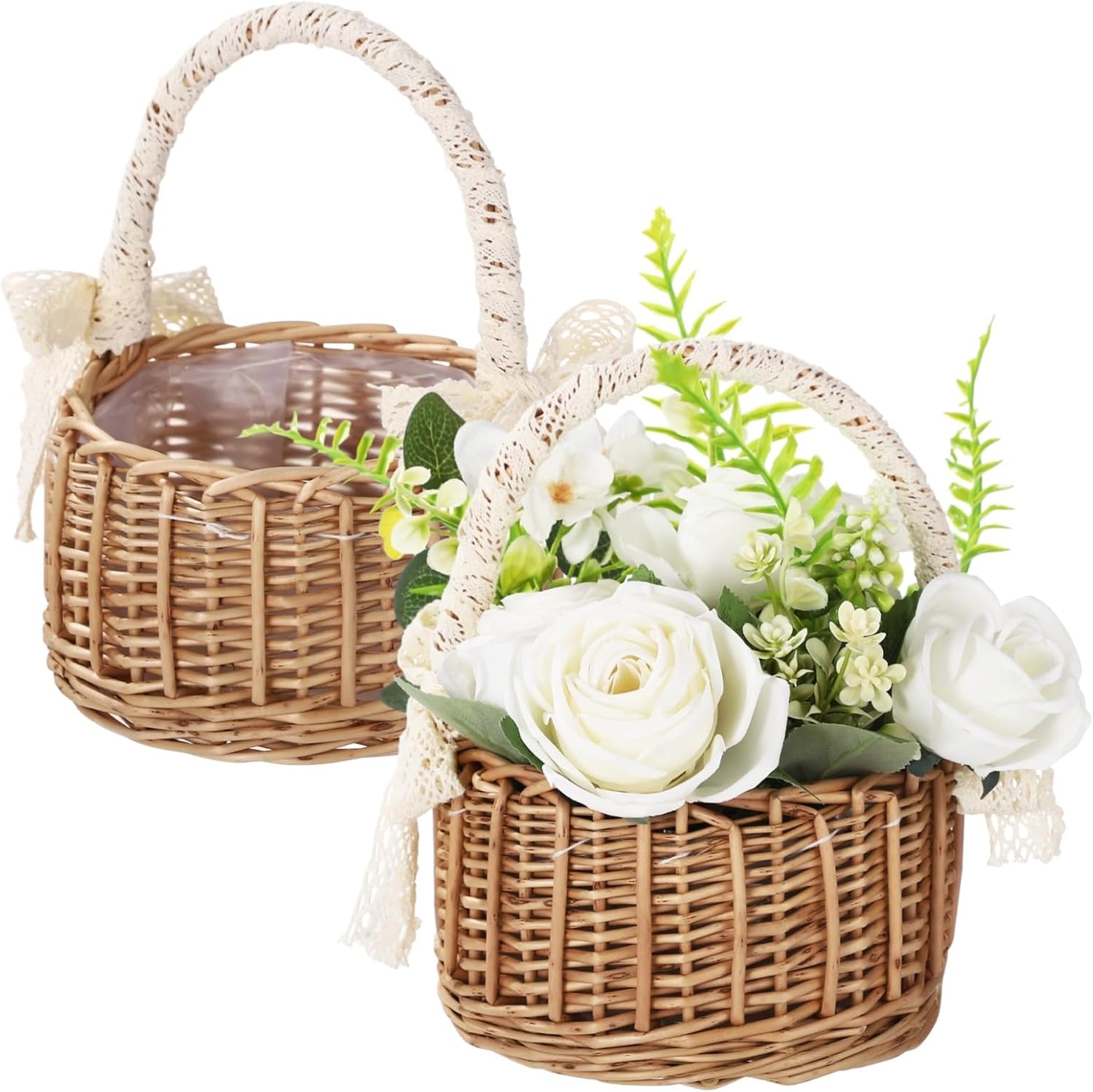 2 Pcs Woven Rattan Basket, Flower Girl Basket with Handle, Decorative Handmade Basket for Weddings, Parties, Home Decor