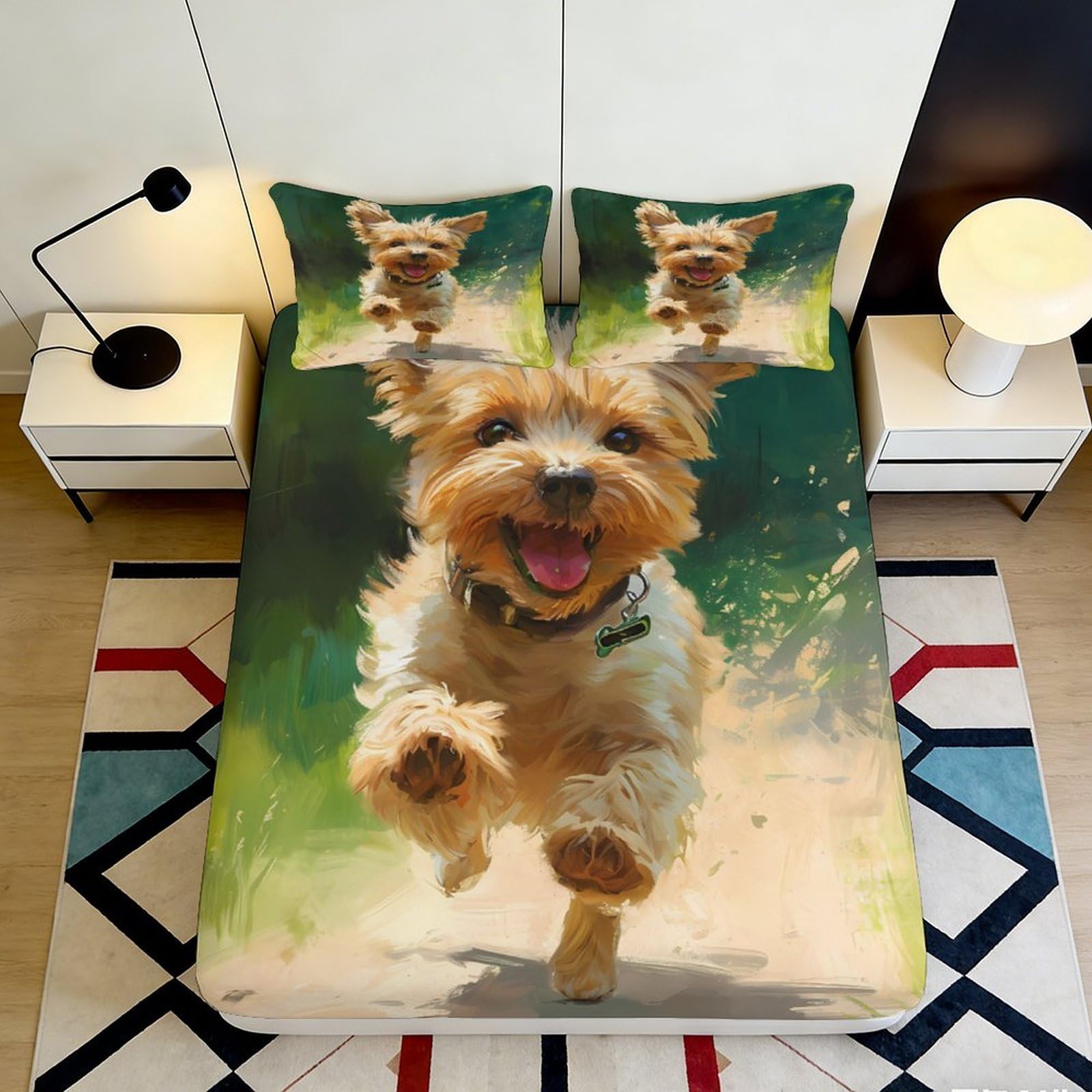 3D Printed Playful Dog Fitted Sheet Microfiber Soft Breathable Running Puppy Mattress Cover for Bedroom Guest Room Decor 120x200x25cm