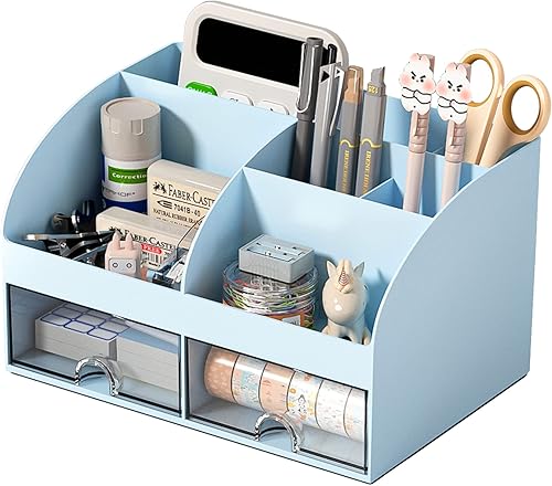 COMFYROOM Organizador de escritorio y accesorios con 6 compartimentos y 2 cajones, organizador de maquillaje de plástico, soporte para bolígrafos