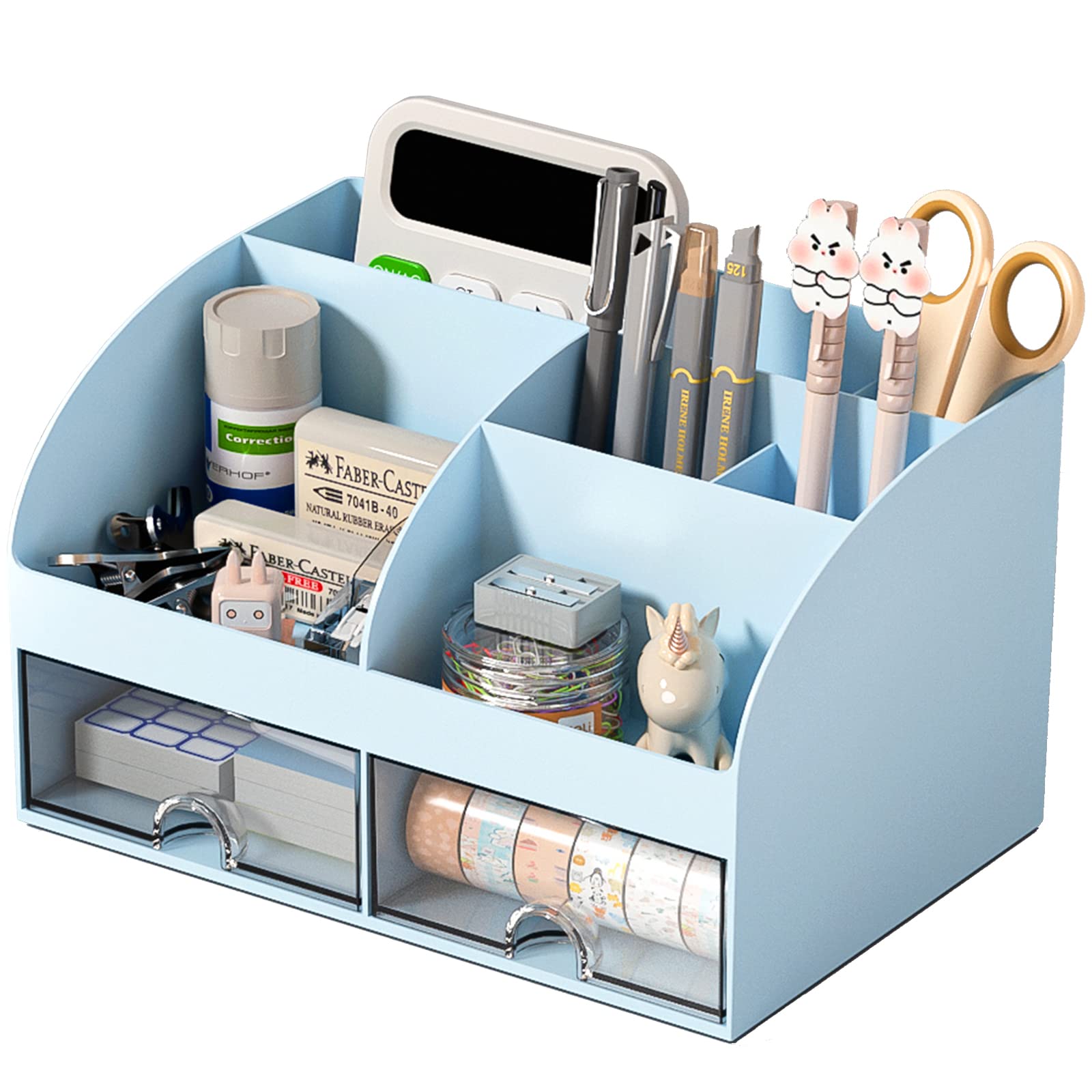 COMFYROOM Desk Organizer with 6 Compartments and 2 Drawers, Plastic Makeup Organizer, Pen Holder for Desktop Storage, Desk Organization for School, Home, Office Supplies (Blue)