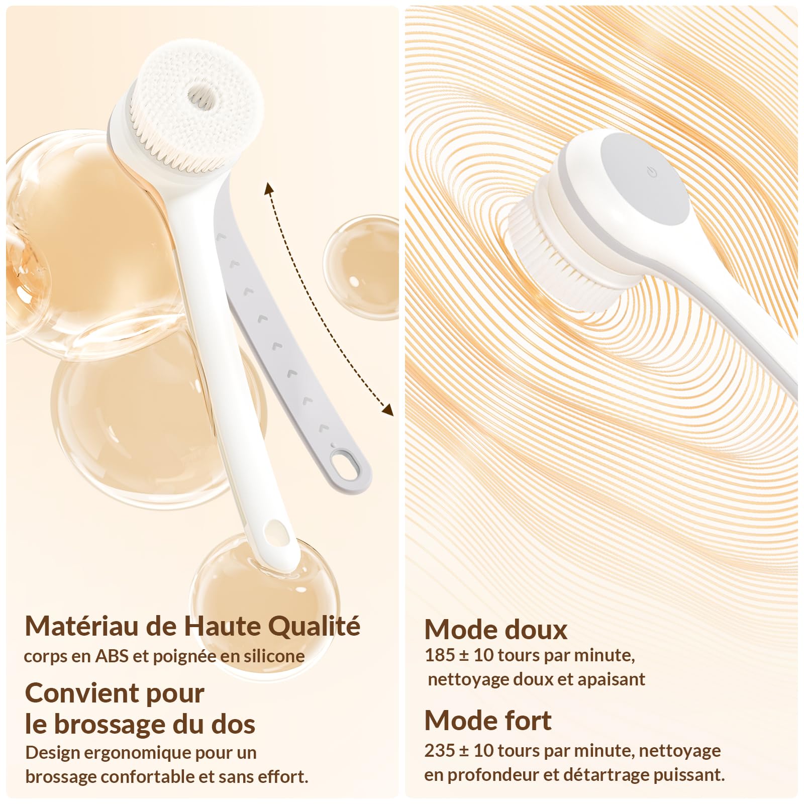 Brosse à récurer électrique pour le dos, brosse sèche, étanche IPX7, charge USB, longue poignée, applicateur de lotion pour le dos, hommes, femmes, jeunes personnes âgées – Blanc perle