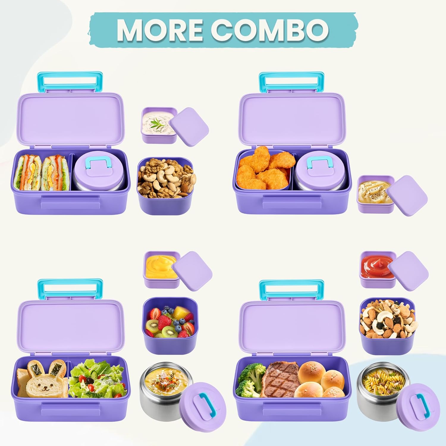 PIQUEBAR Kids Lunch Box with 8oz Thermo, Leakproof Bento Box with Insulated Bag, Kids Insulated Water Bottle, Food Lunch Container for Back to School Girls Boys, Purple