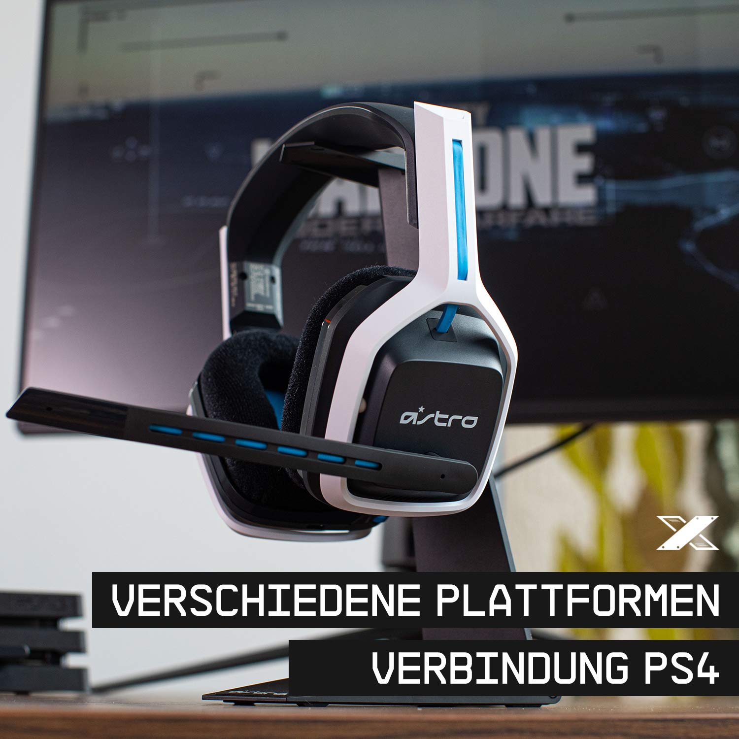 ASTRO Gaming A20 Wireless Headset Gen 2, Leicht & Robust, Flip-to-mute-Mikrofon, +15-Stunden Akkulaufzeit, 15m Reichweite, für PlayStation 5, PS4, PC, Mac - Weiß/Blau