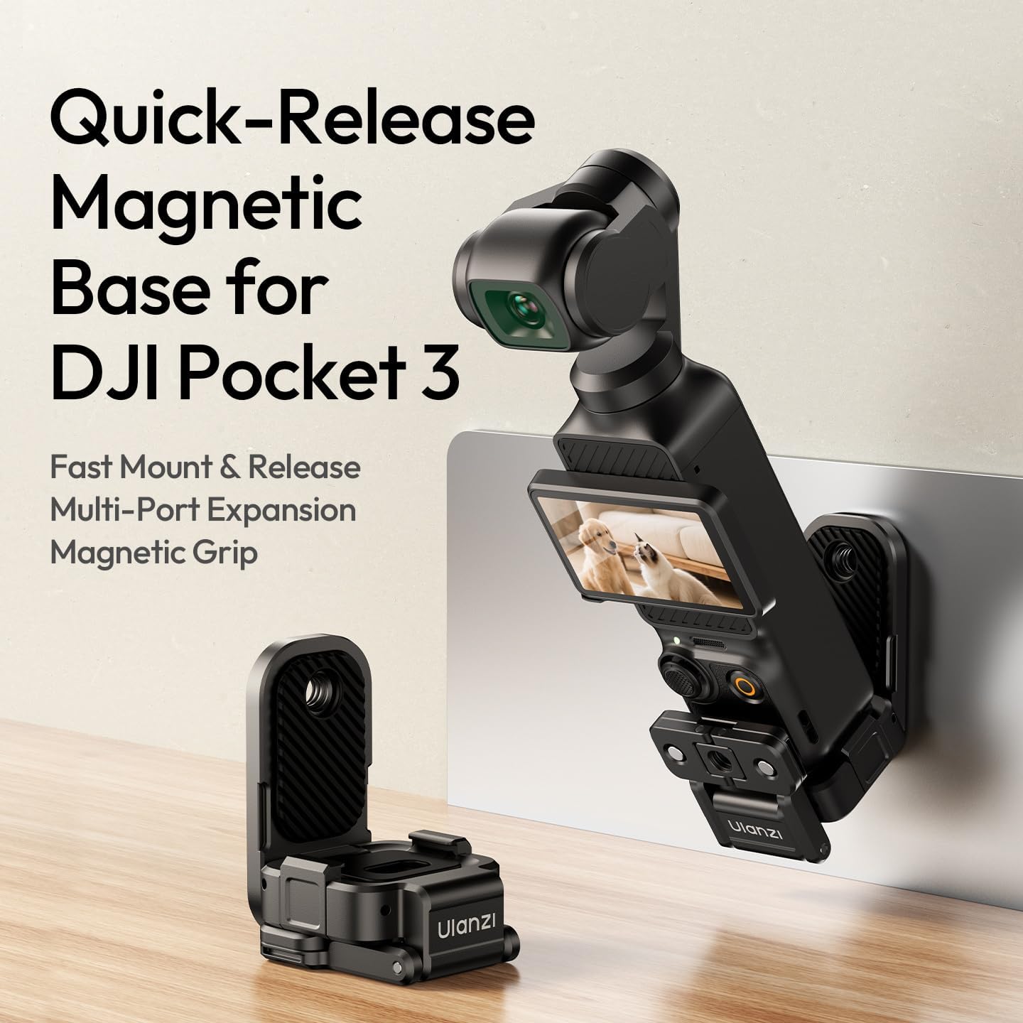 ULANZI PK16 Magnetic Mount Stand Compatible with DJI OSMO Pocket 3, 270° Adjustable Camera Mount, 1/4'' Mount Foldable Quick Release Camera Stand Base for Indoor Shooting Vlog Live Streaming Gym Video