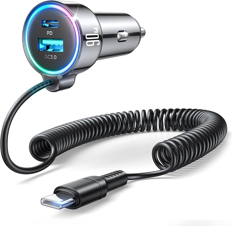 FLYLEAD Cargador de auto 90W USB C Carga Rápida, PD45W para iPhone 17/16 Pro Max | PD&QC3.0 de 3 puertos, cable en espiral tipo C de 6,7 pies, adaptador de encendedor de cigarrillos súper rápido para Samsung S26/S25/S24, Pixel Android, iPad