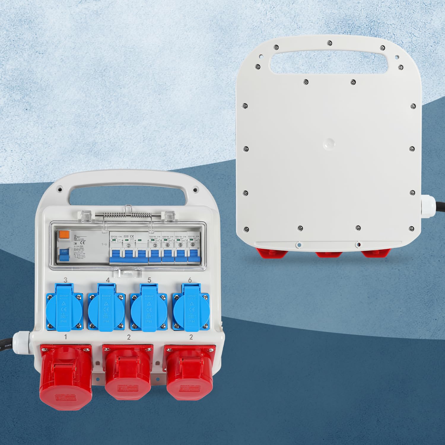 Distributore a parete, 2 x CEE 400 V/16 A + 4 x 230 V Schuko IP44 5 poli, distributore da cantiere 32a, con coperchio a scatto sicuro per cavi, con interruttore RCCB, con cavo da 1,2 m, per