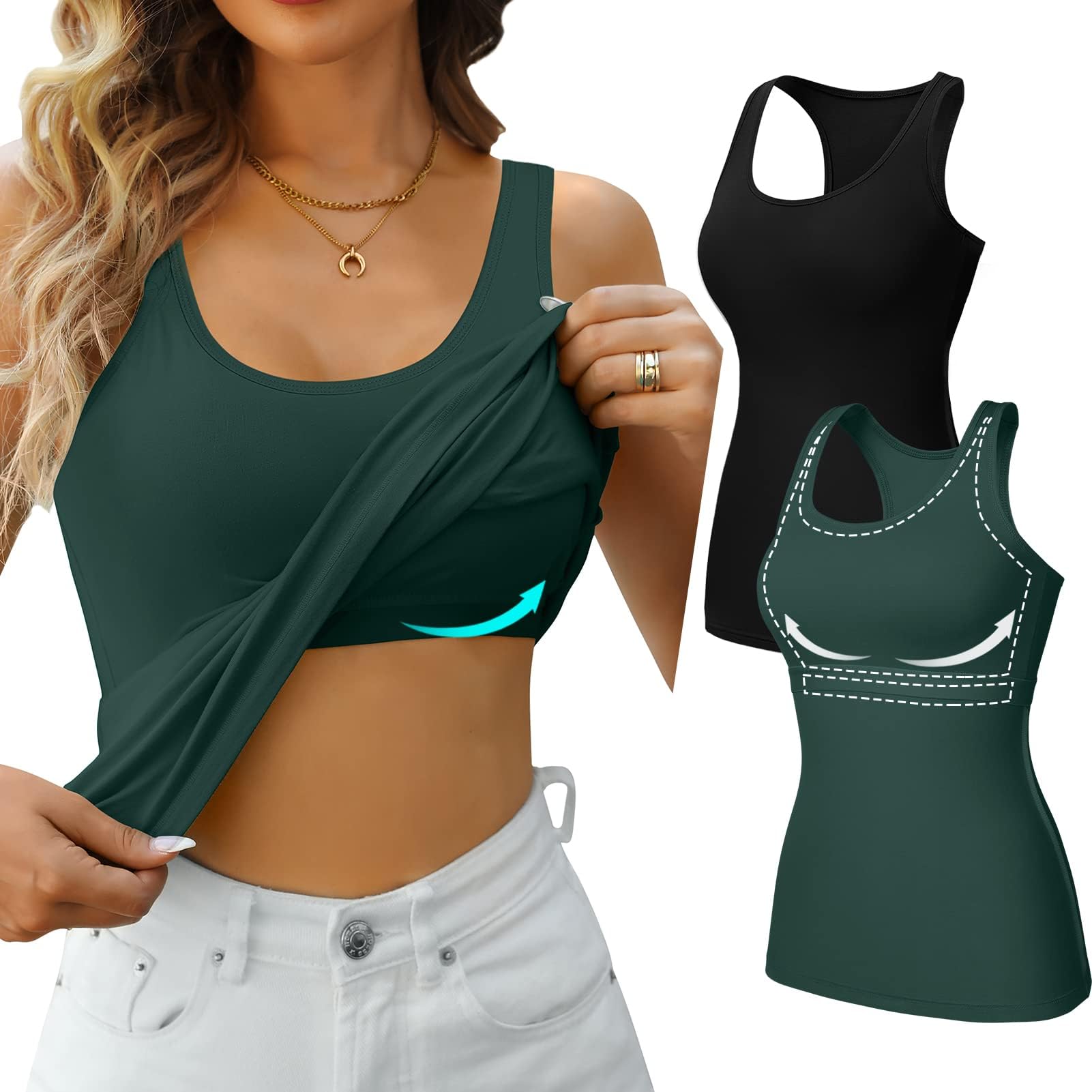 Charmo Unterhemd Damen BH-Hemd Basic Racerback Tank Tops mit Regal-BH Baumwoll Stretch eng Top Slim Fit Shirts Frauen 2er Pack