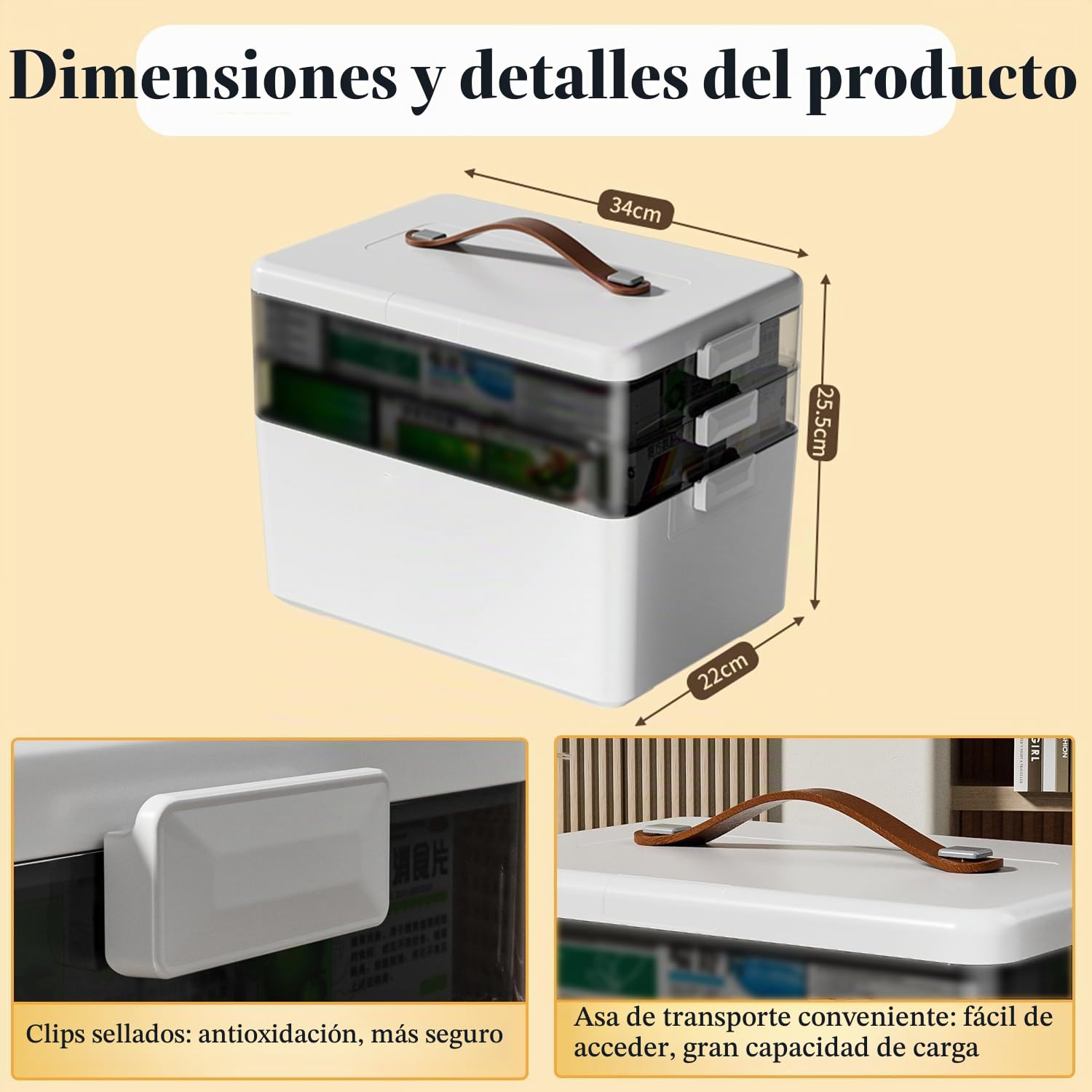 Caja de Almacenamiento Médica,Caja de Medicina de 3 Niveles,Multicapa con Asa de Transporte,para Joyas, Medicamentos y Cosméticos(Blanco)