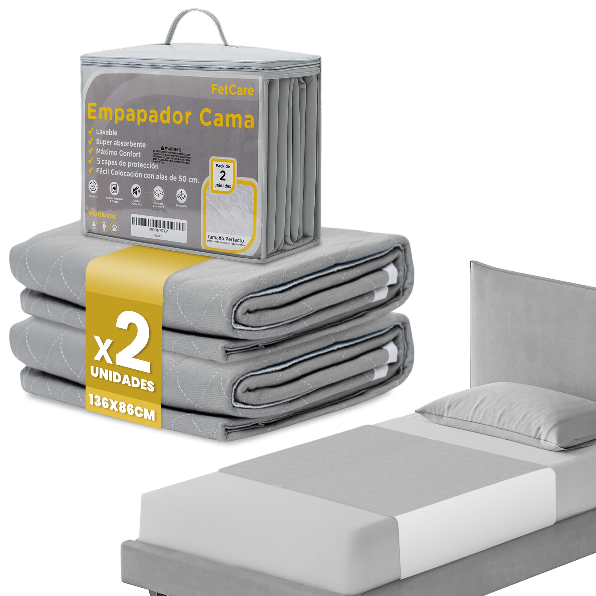 Empapadores Cama Adultos Antimanchas Gris 135x86cm Impermeables 5 Capas Absorción Alas Ajustables OEKO-TEX Pack 2