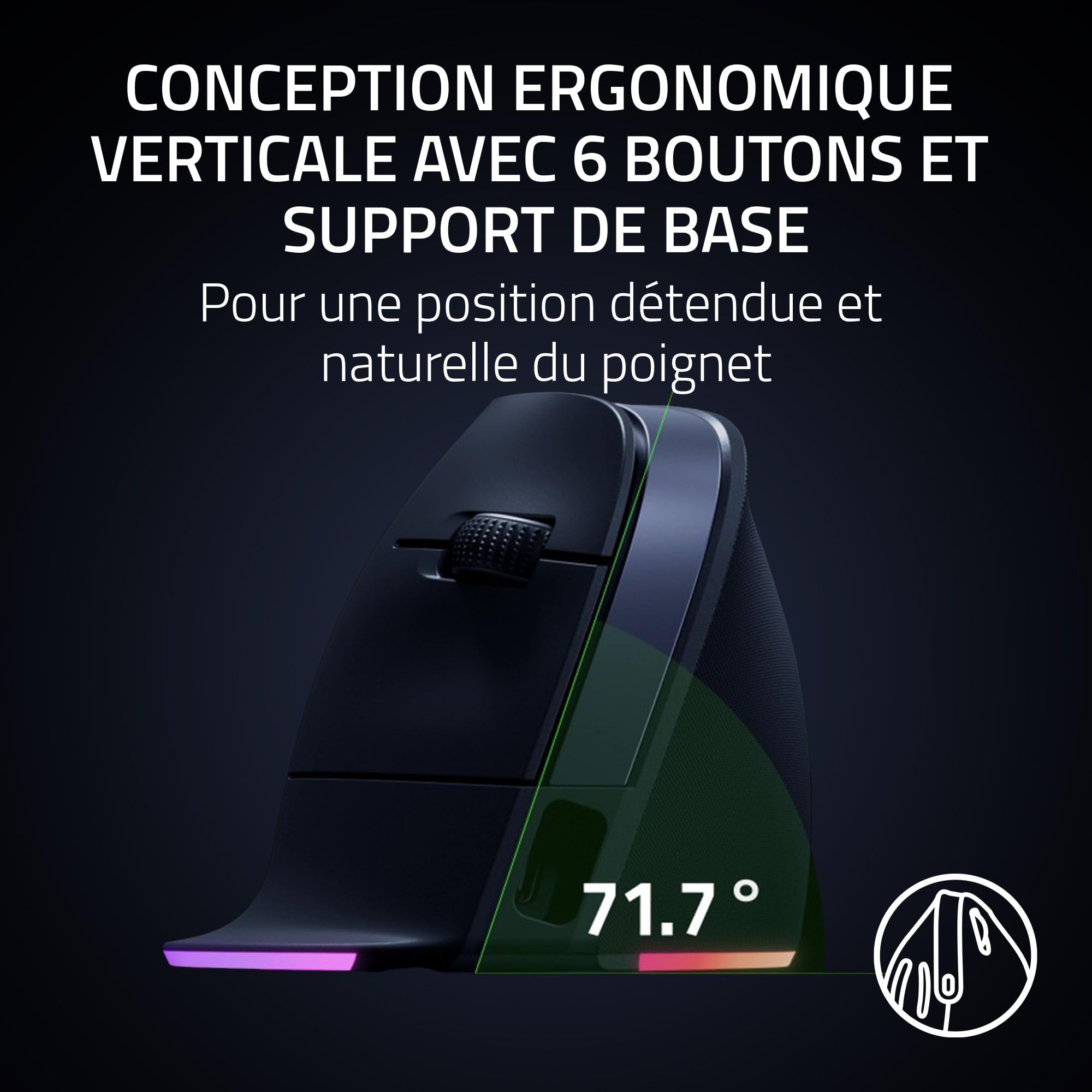 Razer Pro Click V2 Vertical - Souris Ergonomique Verticale sans Fil pour droitier - Assistance IA - Capteur Optique 30K - Windows & Mac (jusqu'à 6 Mois d'autonomie, Chroma RGB, 9 Boutons) Noir