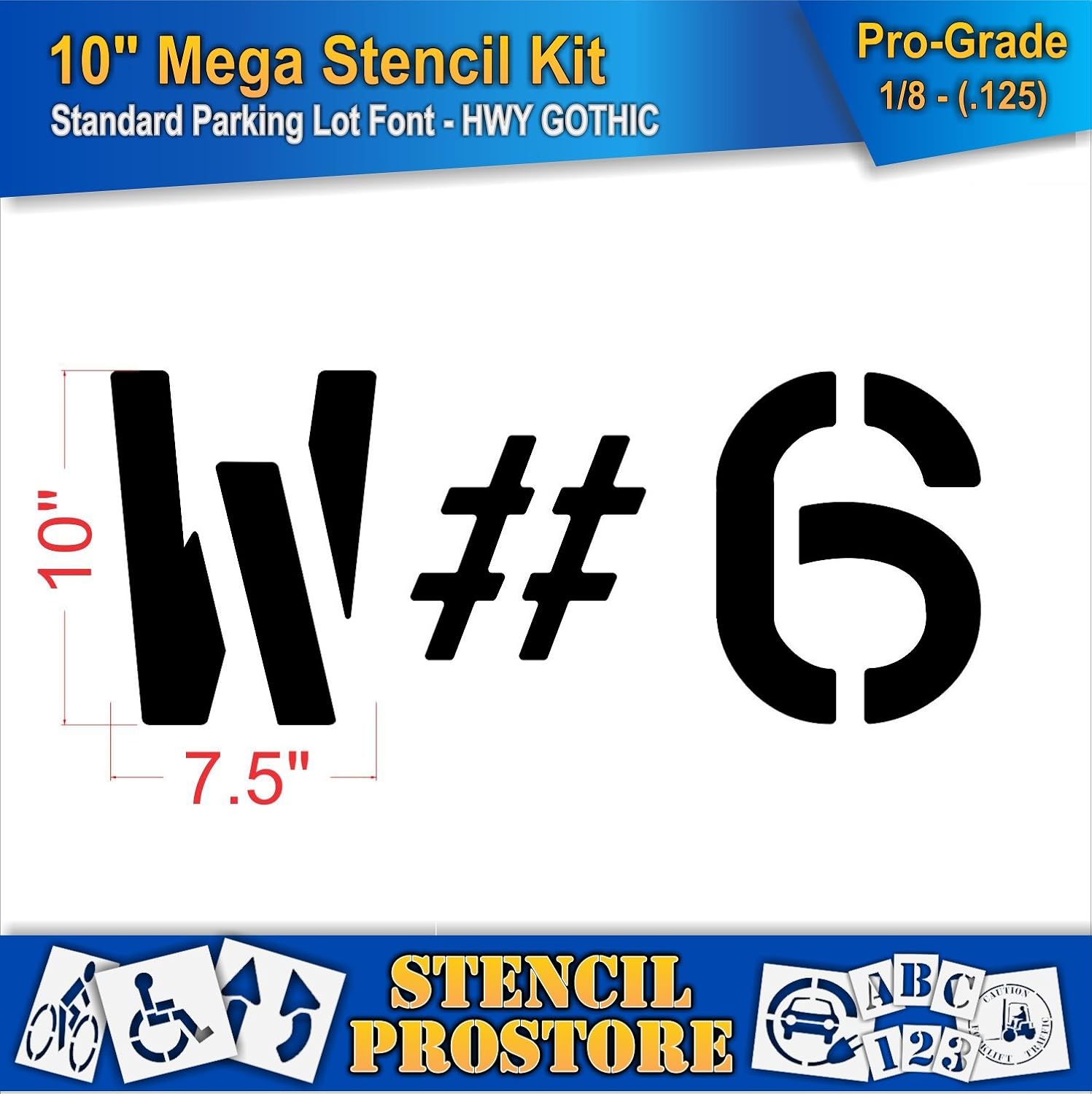 Pavement Stencils -10 inch MEGA Alpha/NUM Set - (64 Piece) - 10" x 7.5" x 1/8" (128 mil) - Pro-Grade