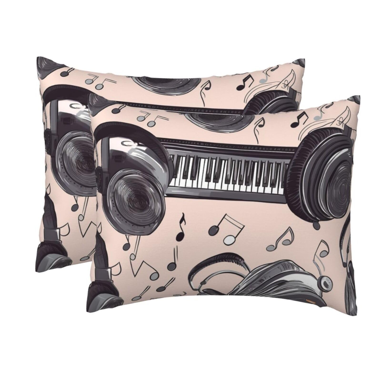 2 Pack Standard Size Pillow Cases for Hair and Skin Soft Breathable Pillow Case Covers with Hidden Zipper Headphones and Piano Pillowcase 20x26 Inches Pillow Cover for Sleeping Gift