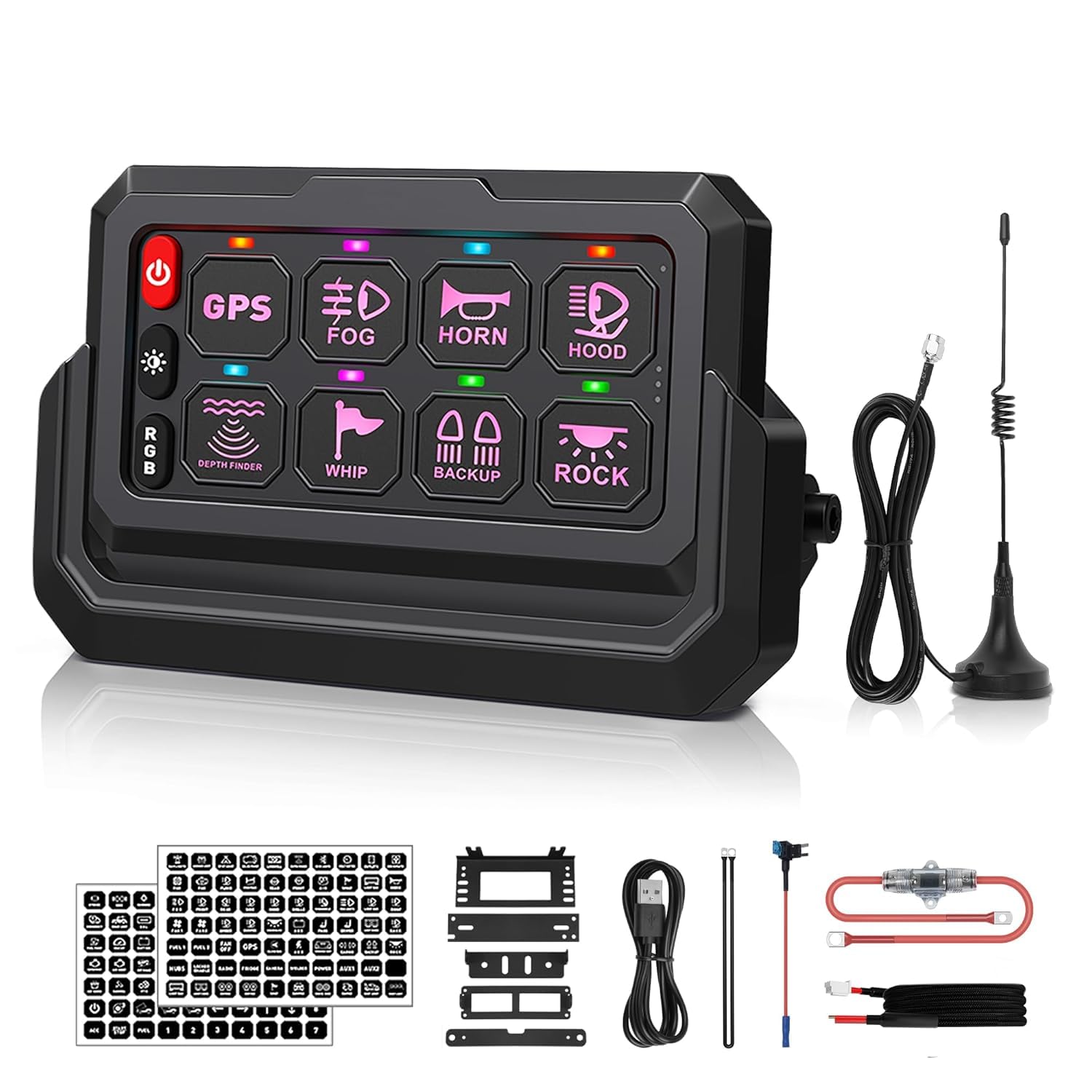 CHELHEAD ワイヤレス 8 ギャングスイッチパネル 船用/車両汎用 RGB 調光バックライト ストロボタッチ 防水リレーシステムボックス UTV ピックアップ ジープ SUV 対応