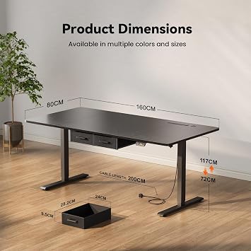 160x80cm Electric Standing Desk, 2 Drawers, Power Outlet