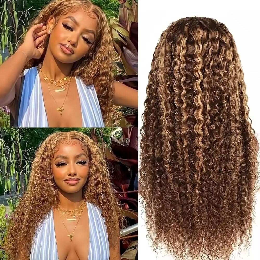 Highlight Omber Honey Strawberry Blonde Chocolate Brown T1B/4/27 Color Long Deep Water Curly Wigs 13x6 HD Transparent Lace Front 180% Density Glueless Wig 100% Human Hair Pre Plucked Allure