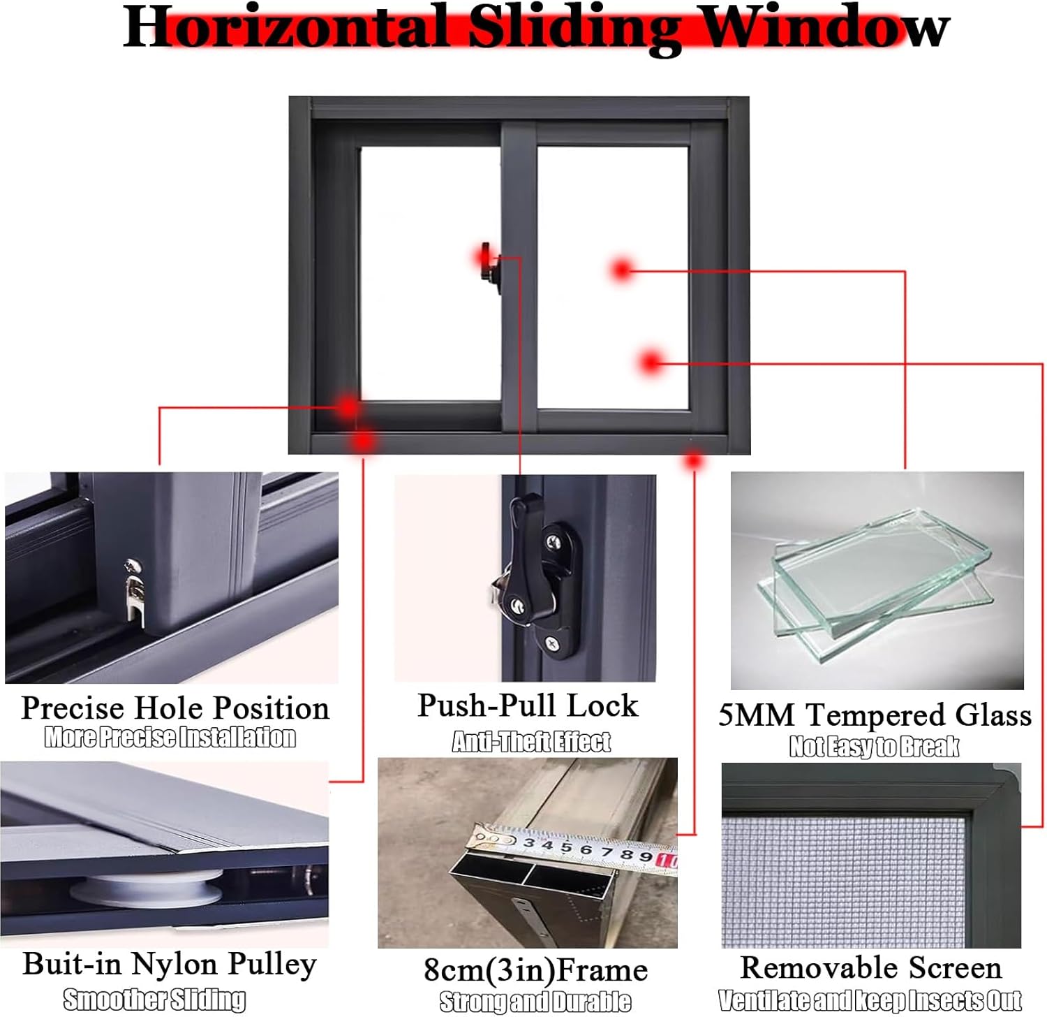 Small Aluminum Windows with Glass and Screen, Thermal Basement Slider Window 31x19in/79x48cm, Flush Mount Household Storm Window for Playhouse Garage Barns Replacement Window