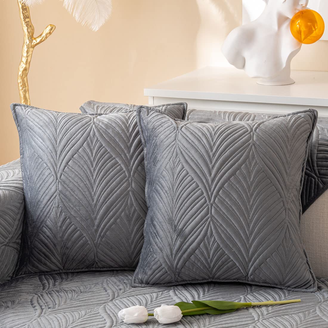 Housse de coussin en velours 45x45 gris lot de 2 taie de oreiller déco canapé motif feuille