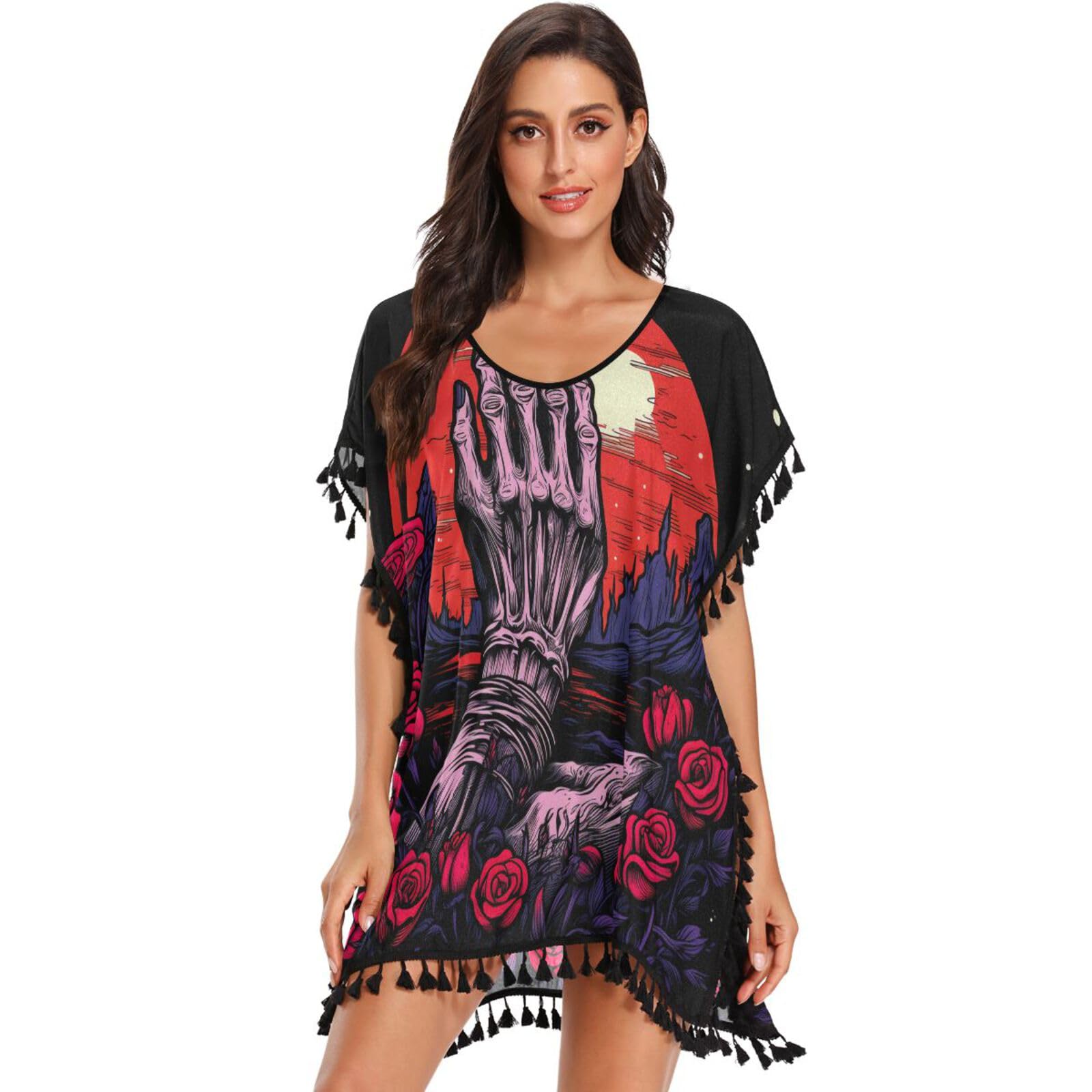 Red Rose Purple Hand Women's Beach Cover Up Chiffon Tassel Swimwear Swimsuit Coverups for Girl