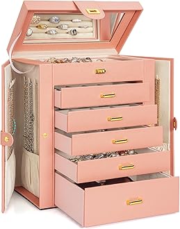 AKOZLIN Large Jewelry Box Organizer Functional with Big Mirror, Leather Jewelry Storage Case for Women Girls Ring Necklace Earring Bracelet Holder Organizer Pink