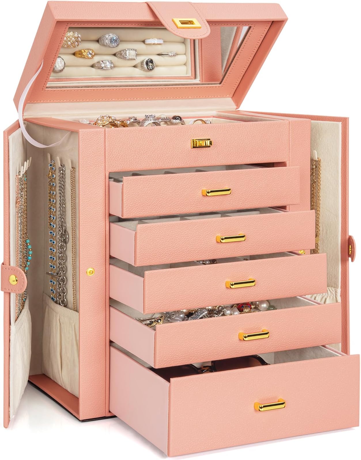 AKOZLIN Large Jewelry Box Organizer Functional with Big Mirror, Leather Jewelry Storage Case for Women Girls Ring Necklace Earring Bracelet Holder Organizer Pink