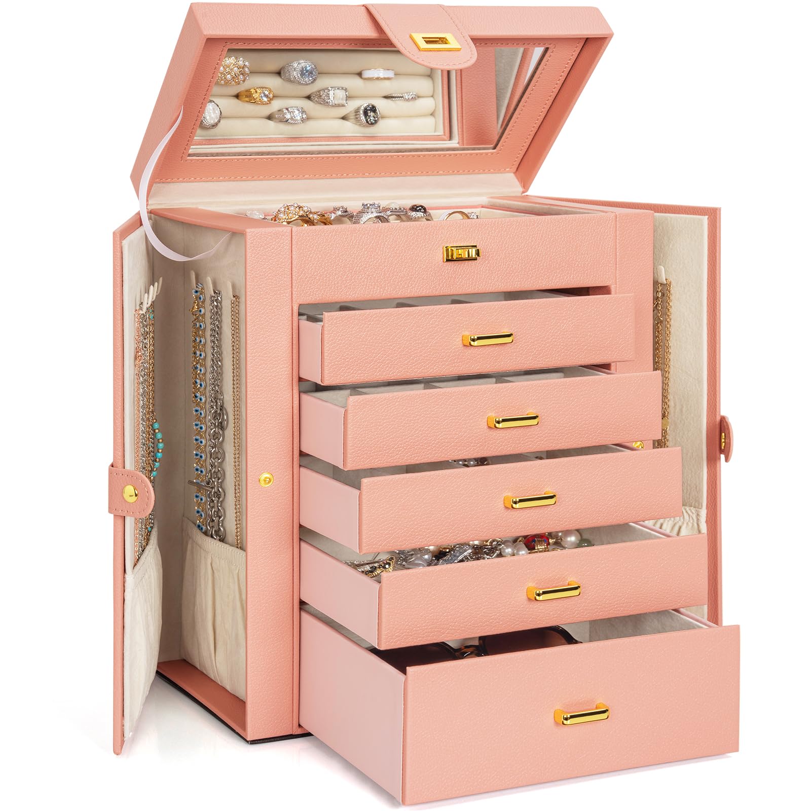 AKOZLIN Large Jewelry Box Organizer Functional Lockable with Big Mirror, Leather Jewelry Storage Case for Women Girls Ring Necklace Earring Bracelet Holder Organizer Pink