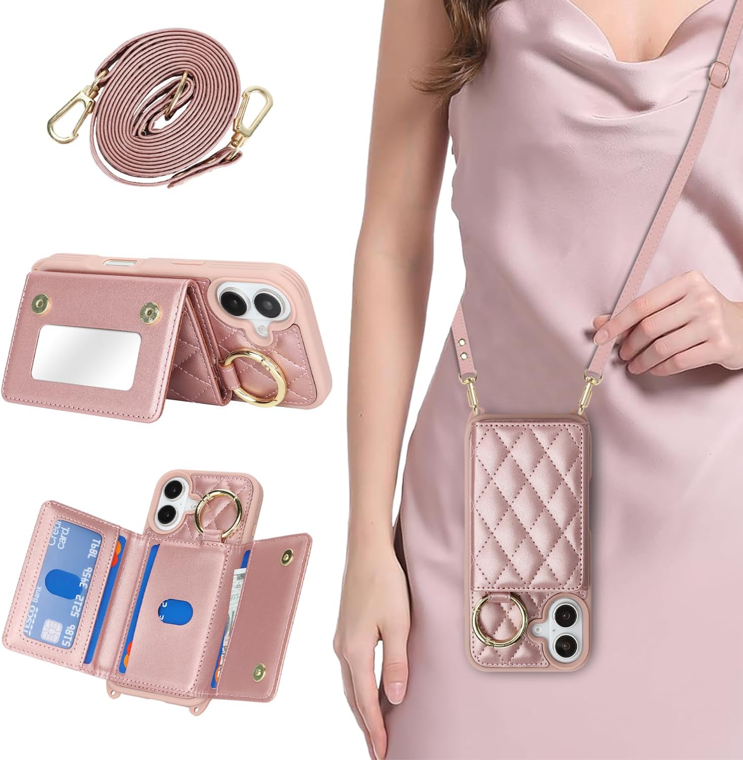 for iPhone 16 Case with Card Holder and Strap for Women,Crossbody Lanyard, Make Up Mirror,Ring Stand,Snap Clasp,Cute Phone Wallet Cases 6.1 inch - Dark Rose Gold