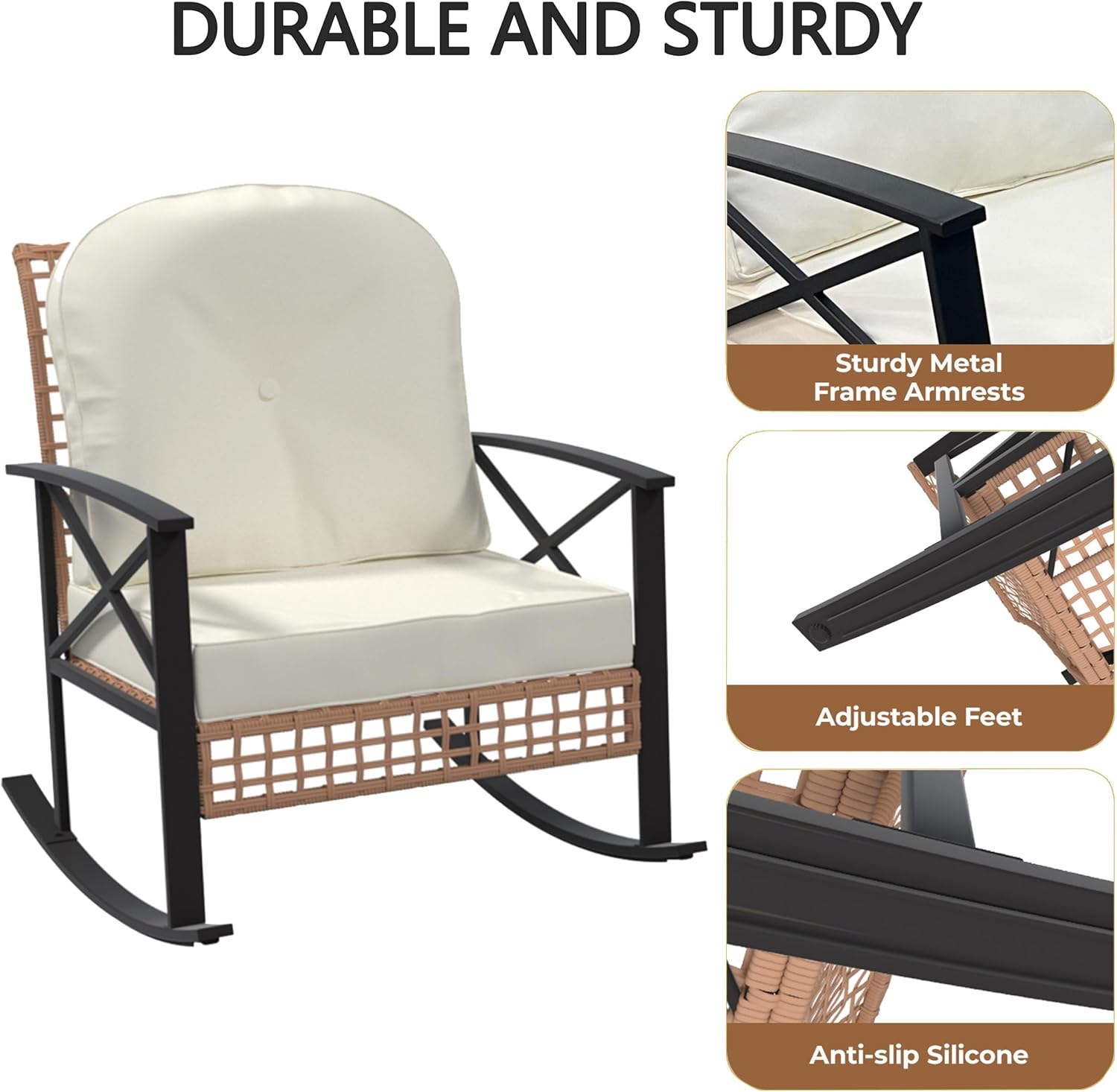 3 PCS Patio Rocking Chairs Outdoor Rattan Bistro Set, Patio Conversation Sets with Coffee Table, Outdoor Furniture Set Wicker 2Rocking Chairs & 1Table for Backyard Garden Balcony Porch