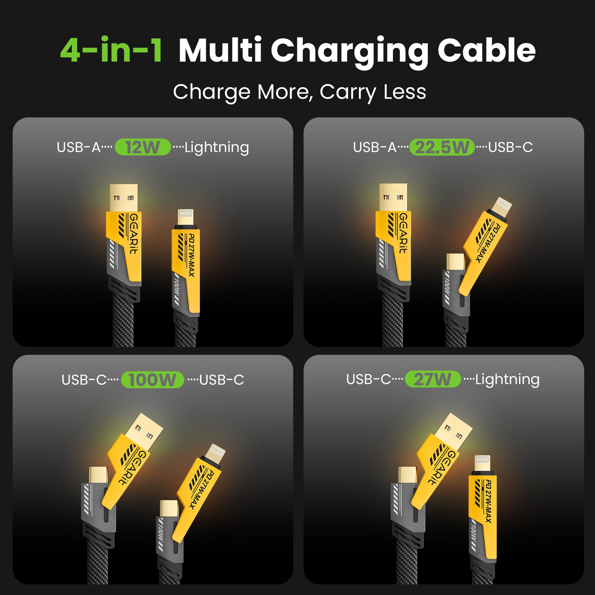 GEARit Câble de charge 4 en 1 100 W – Câble plat USB-C vers USB-C à charge rapide avec connecteurs USB-A et Lightning – Cordon universel multi-appareils – Compatible avec iPhone, MacBook Pro, 1 m