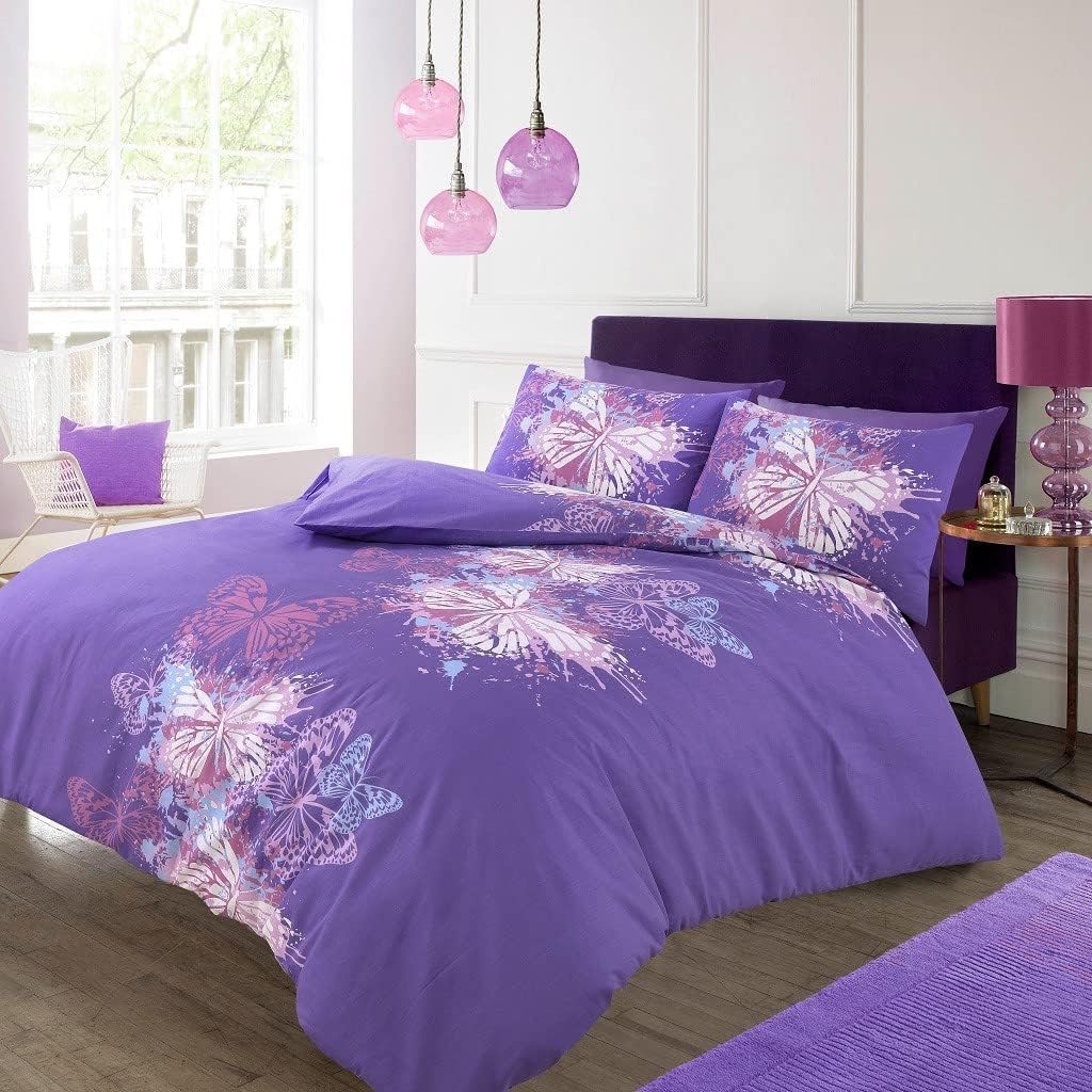 Luxury Butterfly Print Duvet Cover Set with Matching Pillow Cases, Soft Easy Care Bedding Gift Pack (Butterfly Purple, Double)