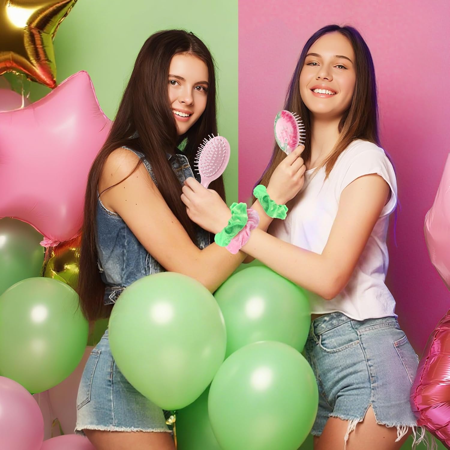 Qunclay 24個 ウィッチ パーティー フェイバーズ ピンクとグリーン ヘアブラシとシュシュセット 女性用 &amp; ガール