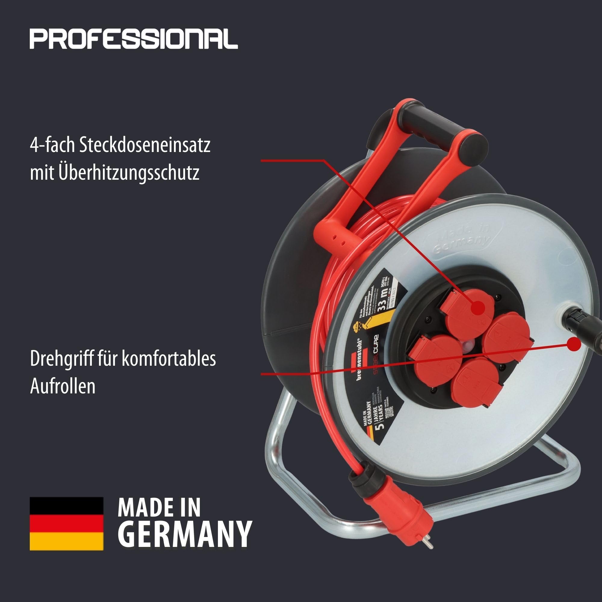 Brennenstuhl Professional SteelCore SC 3110 IP44 (33 m H07BQ-F 3G1,5 cavo, bobina in lamiera d'acciaio, utilizzo in cantiere e uso esterno permanente, Made in Germany)