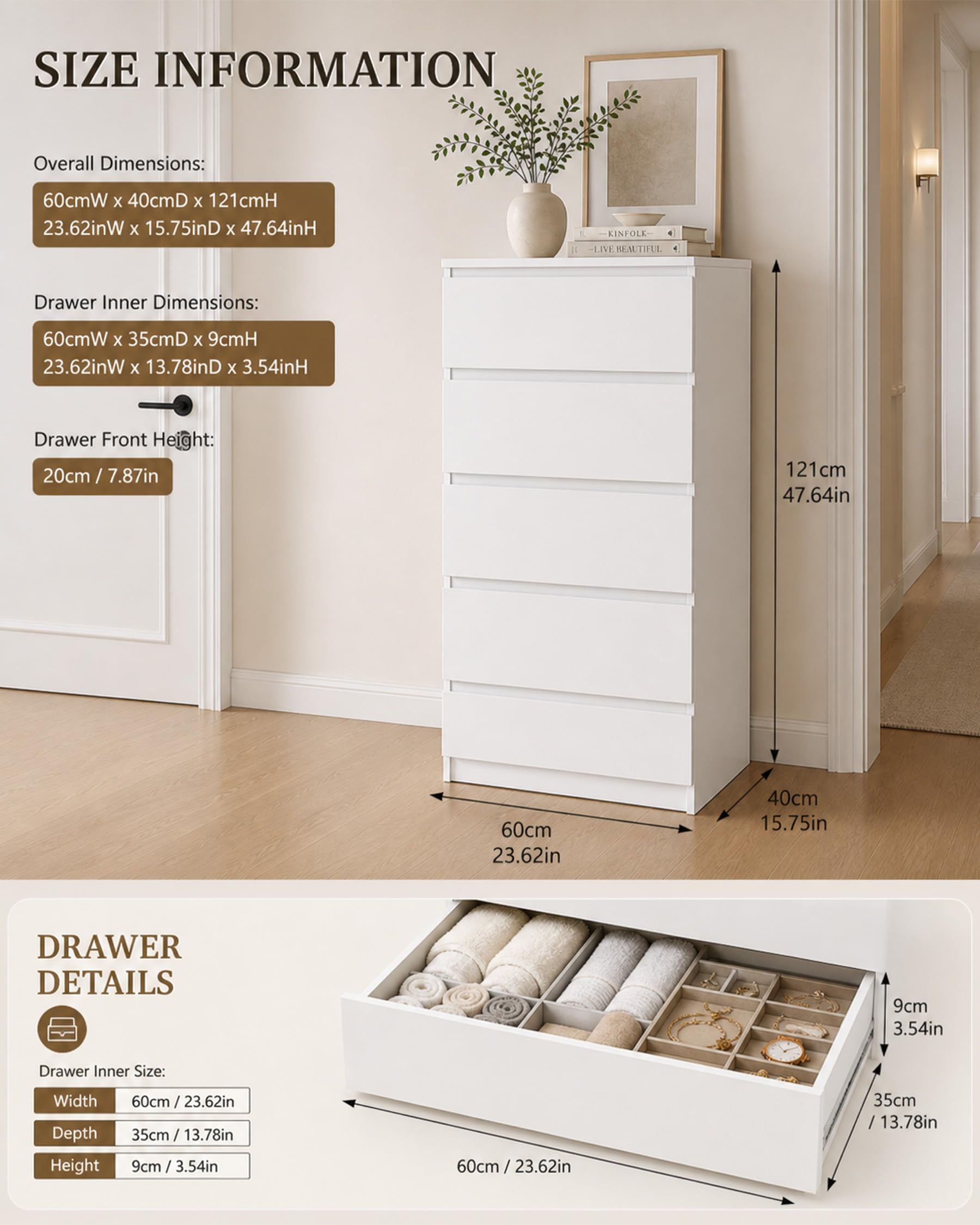 Cómoda Dormitorio 5 Cajones, Cajonera Blanca, Sinfonier Alto y Estrecho, Mueble Auxiliar para Dormitorio, Salón y Pasillo, 60 x 40 x 121 cm