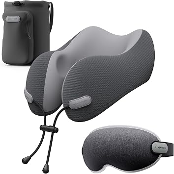 urnexttour Neck Pillow for Travel Memory Foam Design Models Pillows with Zero Eye Pressure 3D Eye Mask and Compact Bag Traveling Essentials Plane Car Flight Rest Sleeping Use Adult, Dark Gray