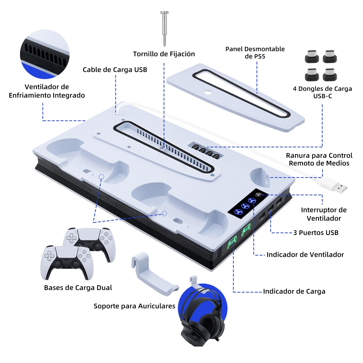 Wigearss PS5/PS5 Slim/PS5 Pro Soporte Vertical Ventiladores de Refrigeración y Estación de Carga de Dual Dontrolador, Soporte Multifuncional con Iluminación LED para Consola PS5/PS5 Slim/PS5 Pro