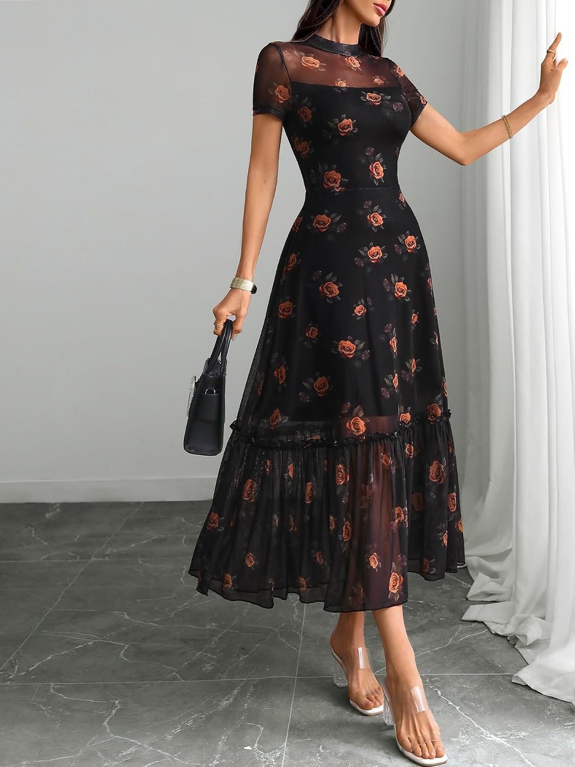 GothDark Women's Summer Floral Mesh Ruffle Dress Short Sleeve Round Neck Waist Cinched Casual Maxi Wedding Guest Dresses