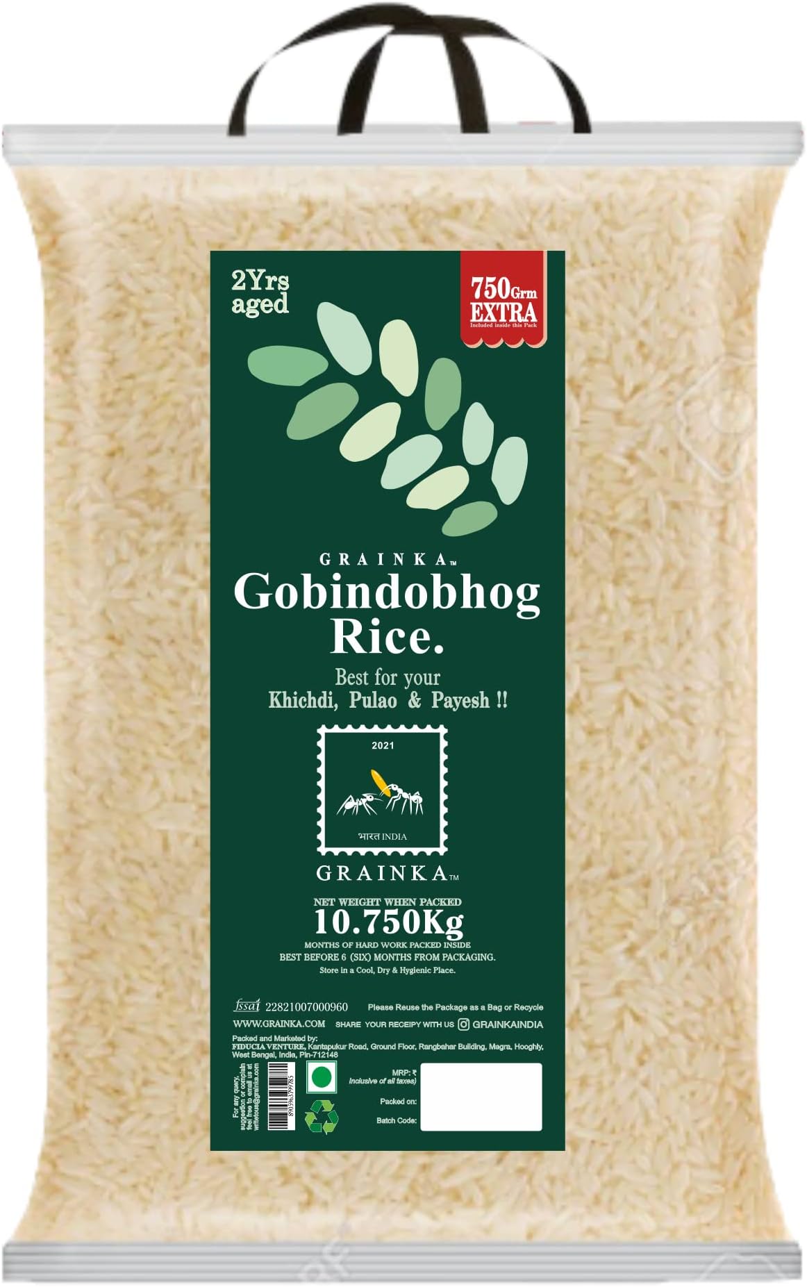 2021 BHARAT INDIA GRAINKA Gobindobhog Rice || 10.750 Kg || Premium Aged Aromatic Rice || Ideal for Khichdi, Pulao & Traditional Dishes || Naturally Fragrant & Flavourful