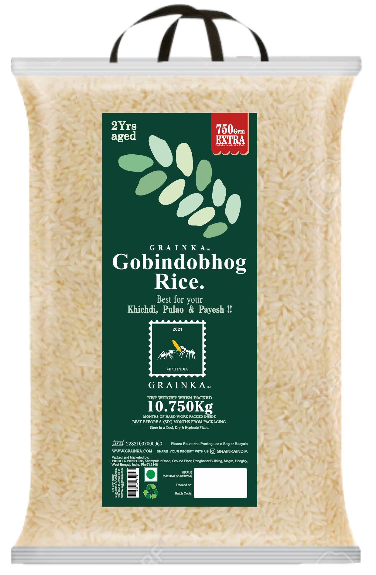 2021 BHARAT INDIA GRAINKA Gobindobhog Rice || 10.750 Kg || Premium Aged Aromatic Rice || Ideal for Khichdi, Pulao & Traditional Dishes || Naturally Fragrant & Flavourful