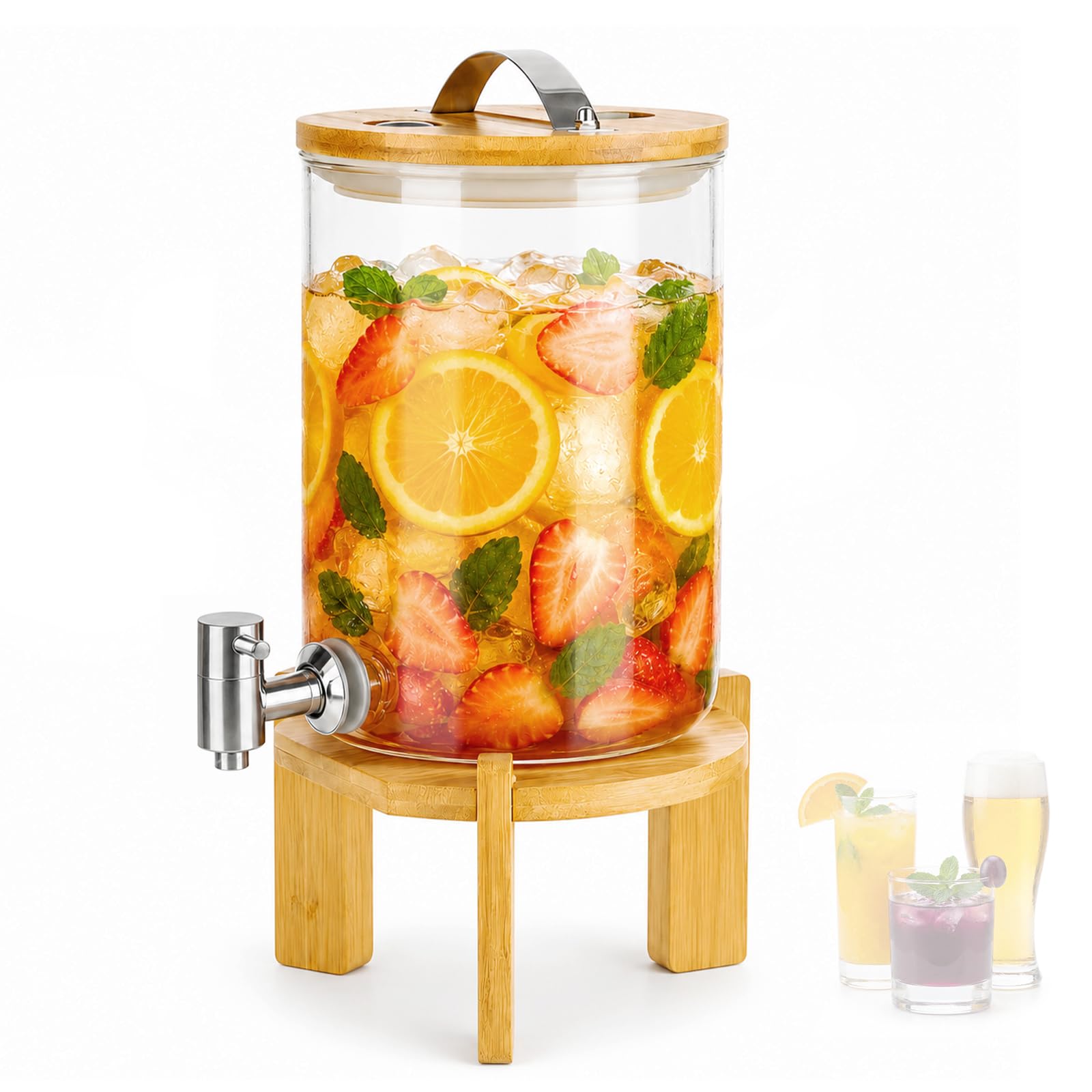 Dozownik do napojów z kranikiem, 3 l, szklany dozownik wody, dozownik wody ze stojakiem, sok lodowy, woda, koktajle, domowy napój do herbaty