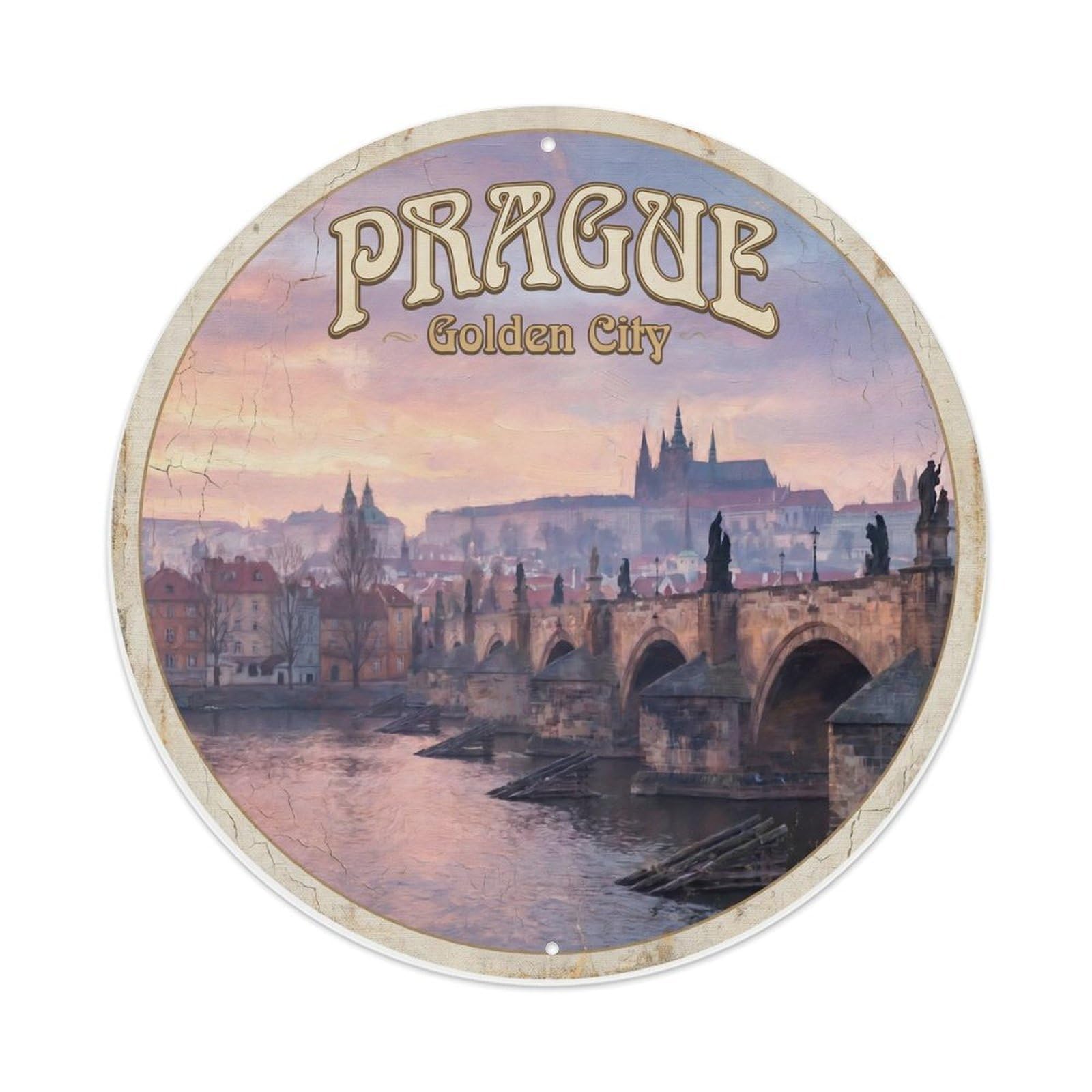 Fqnyr Style Vintage Travel Prague Bridge Czech Metal Tin Sign
