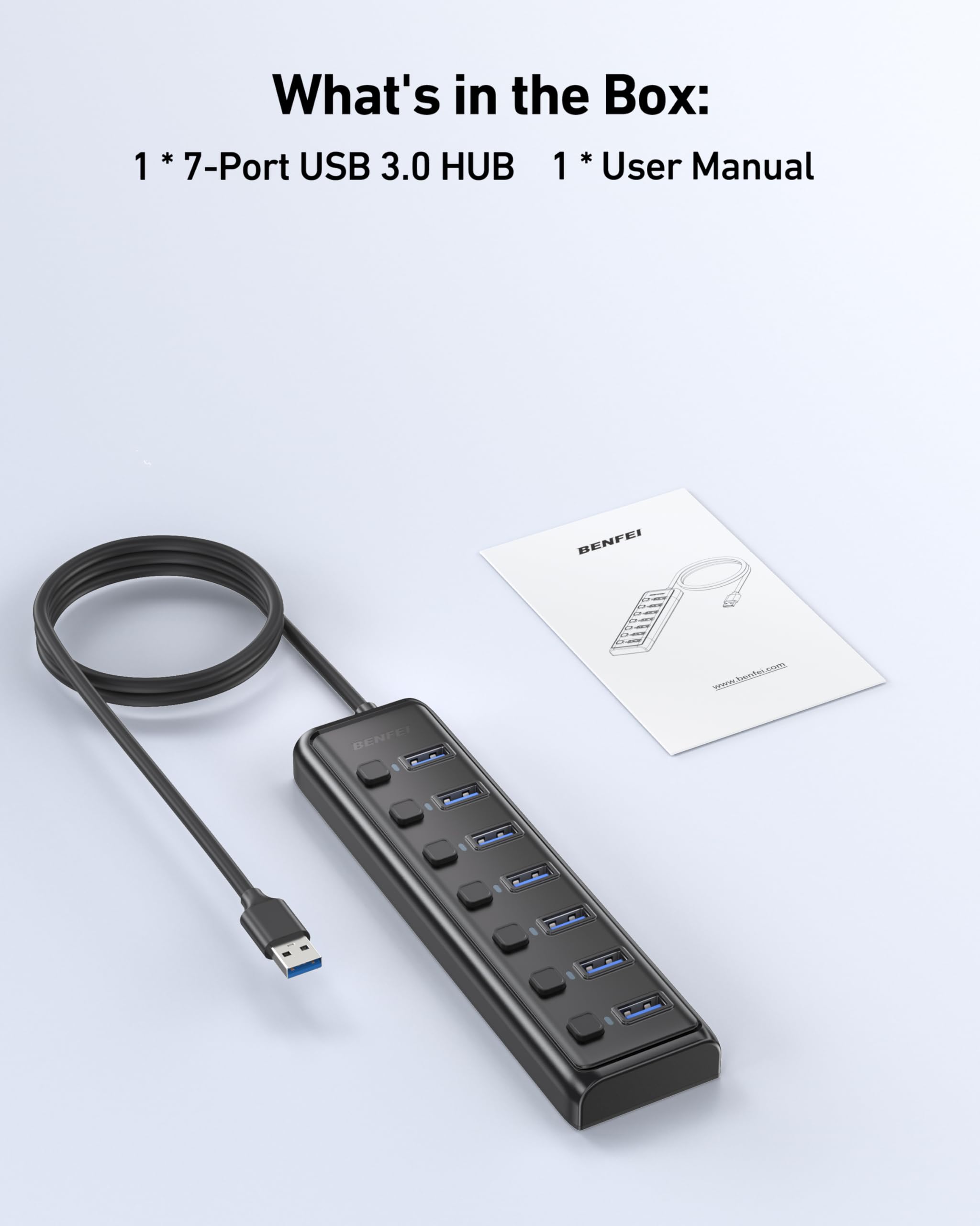BENFEI Hub USB 3.0 7 Ports avec Câble 1 mètre Compatible MacBook Pro Air Mac Pro Mac Mini iMac Surface Pro XPS PC Clé USB Disque Dur Mobile