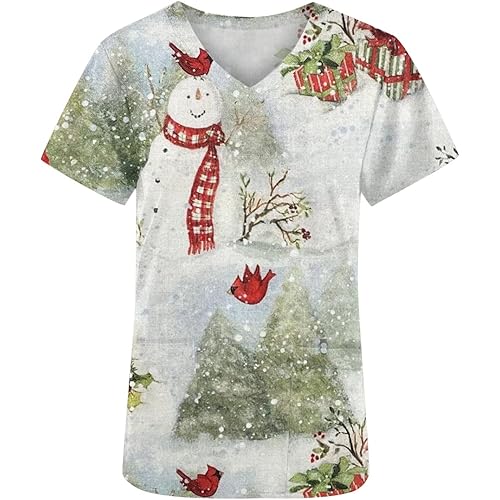 Women Stretch Scrubs Top Holiday Print V Neck Fall Scrub Tops Shirt Christmas Scrub Tops