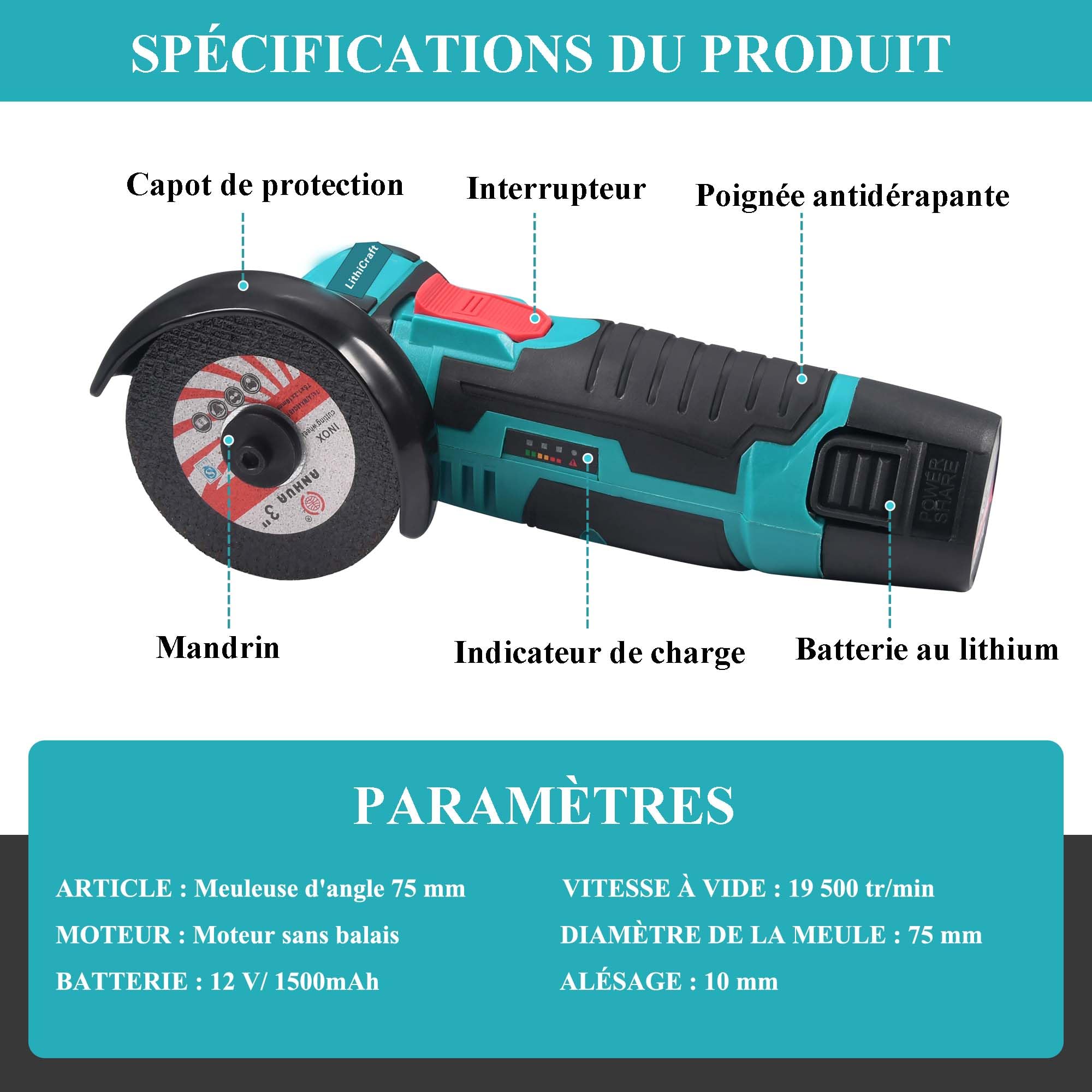Mini Meuleuse d'Angle sans Fil 12V, 76mm Moteur Brushless 19500 tr/min, Avec 2 Batteries 1500mAh & 8 Disques, Outil de Découpe Électrique pour Métal, Bois, Carrelage et PVC