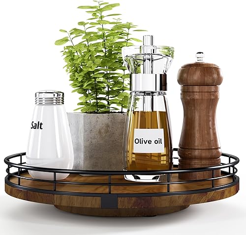 Miniatura 28 de Tabla giratoria redonda de roble de 9 pulgadas para organización en gabinetes, estilo rústico, para almacenamiento en mesa del comedor, despensa,