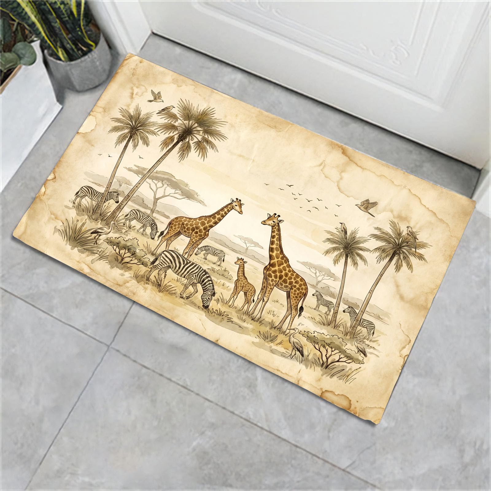 Waschbare Fußmatte Für Innen Retro-Afrikanische Tiere Motiv - 90X150Cm Natürliche Giraffen Elefanten Fußabtreter Küche Bodenmatte Teppich Rutschfeste Willkommensmatte Schmutzfangmatte - Beige