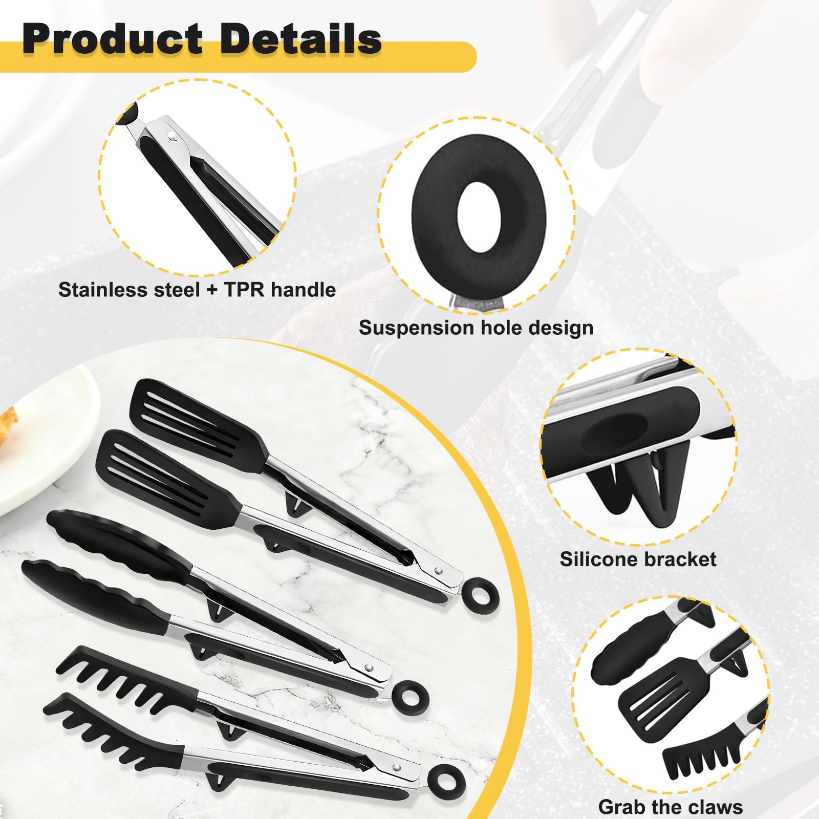 3 Pezzi Pinze da Cucina Acciaio Inox con Supporto & Manico, Pinza Barbecue Antiscivolo Alimentare, Utensili Cucina Silicone Pinza Spaghetti Antiscottatura per Insalata, Pasta, Friggitrice, BBQ